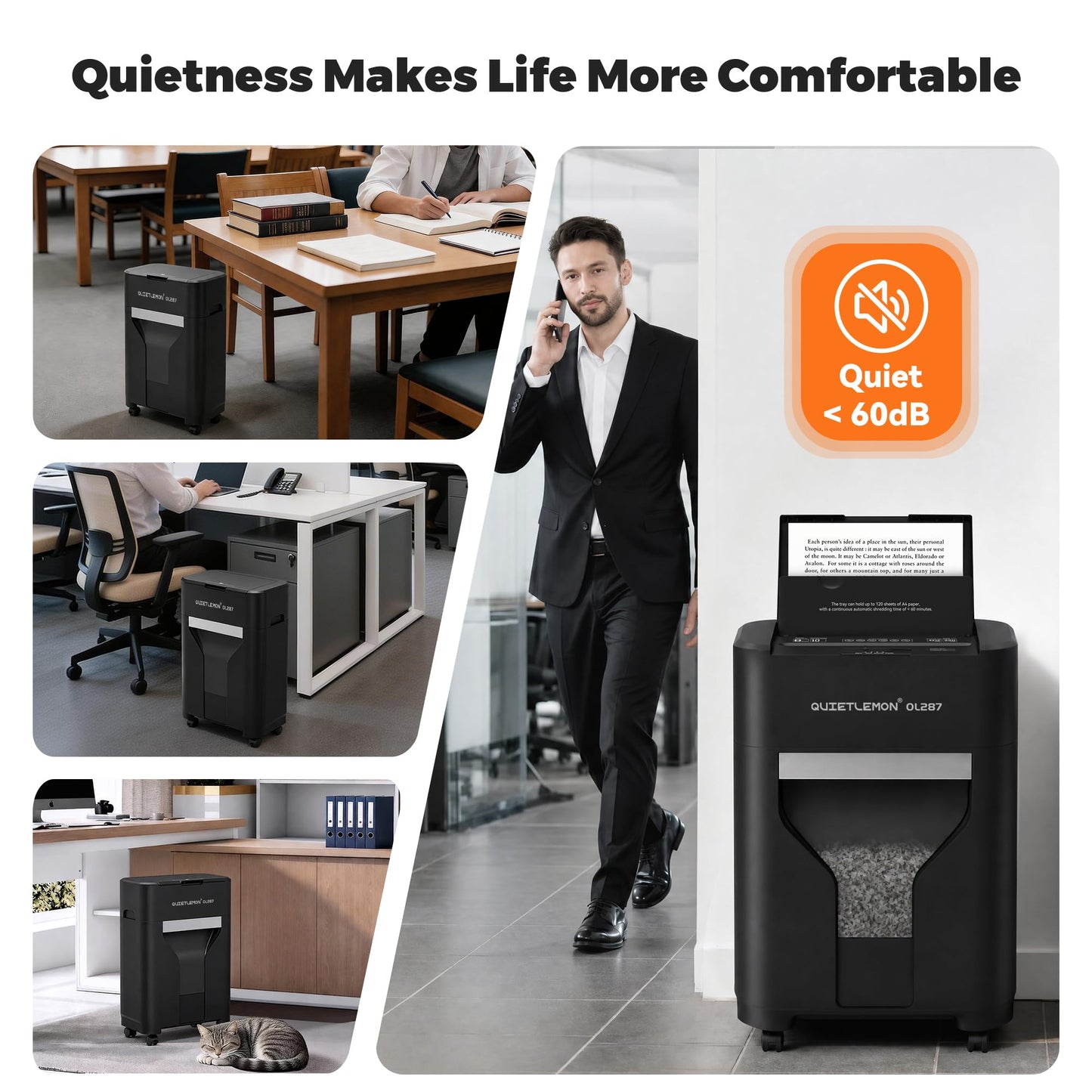 QUIETLEMON 120-Sheet Auto Feed Paper Shredder, 40 Min Non-Stop, Shredders for Home Office Heavy Duty, P-4 Ultra Security Shredder for Home Office, Cross-Cut with Wheels, 5.28 Gal Bin, <63 dB (OL287)