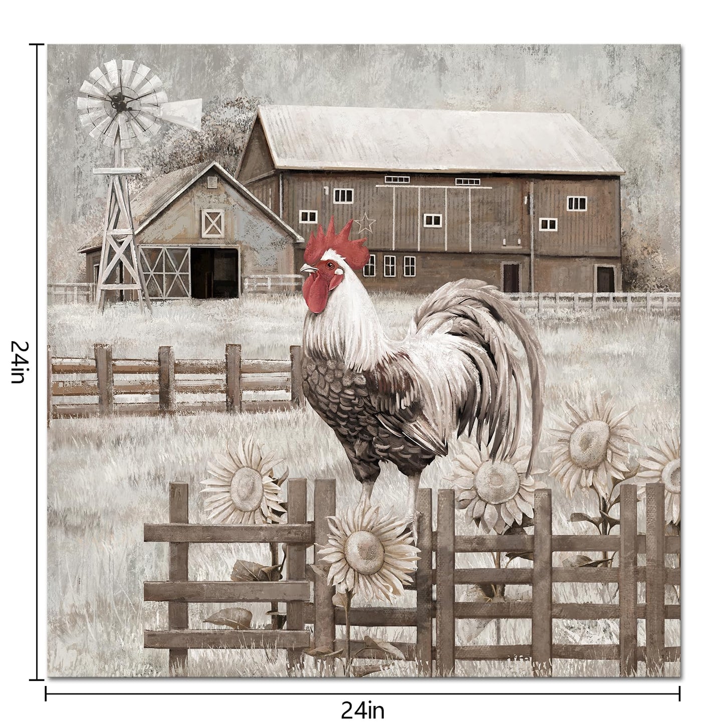 WELMECO Chichen Farmhouse Wall Art Rooster Painting Country Wall Decor Framed Artwork Farm Decor Picture 24x24inch