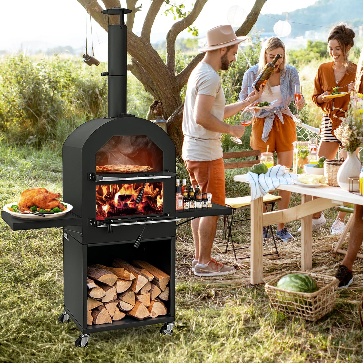 LDAILY Outdoor Pizza Oven, Wood Fired Pizza Maker with Side Shelves, Cooking Grids, Cover, Pizza Stone & Peel, Patio Portable Pizza Stove for Backyard, Camping & Party, Black