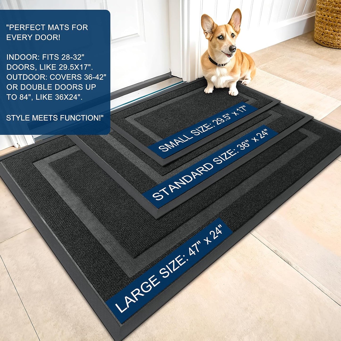 OLANLY Indoor/Outdoor Door Mat Set - Black Geometric Design (29.5x17 in & 32x20 in)