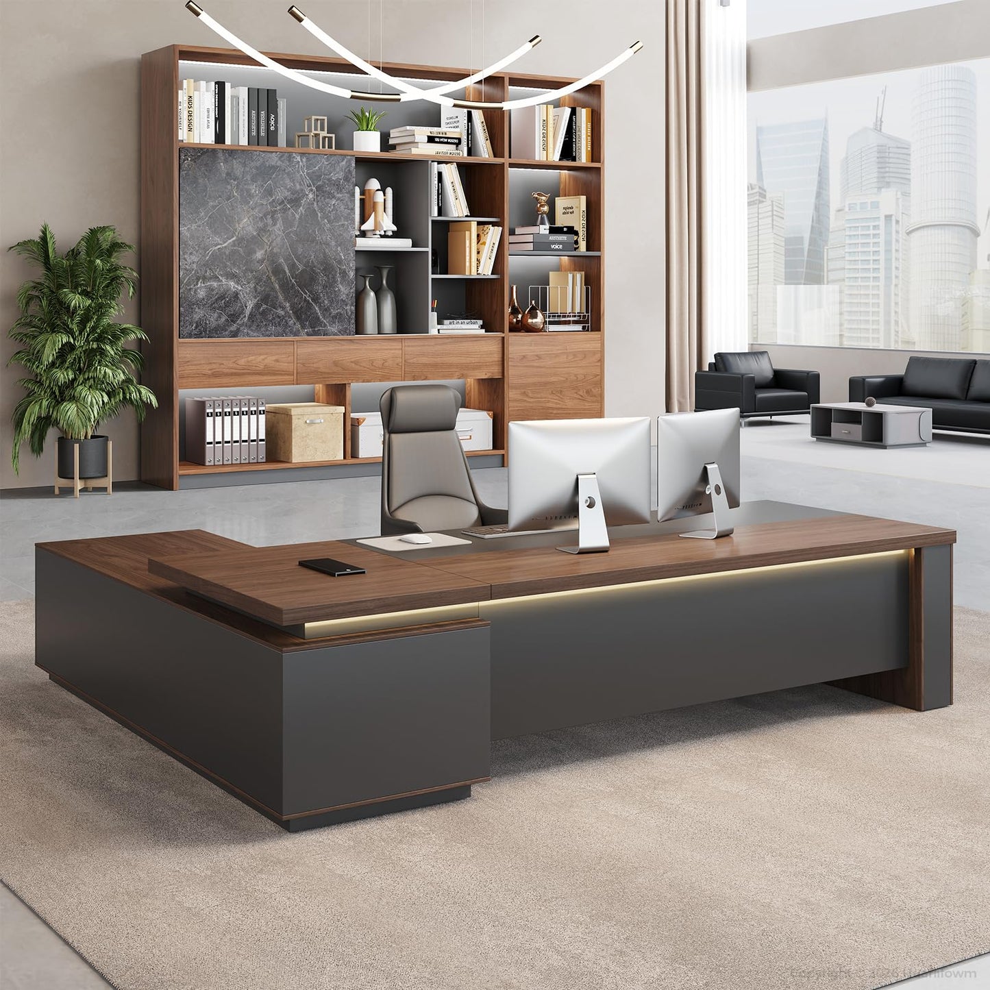 Huariifowm 63" Reversible L-Shaped Executive Desk with Locking Drawers, Compact Office Desk for Home & Manager Office, Power Outlet, USB Ports, Storage Shelves, Privacy Panel & LED Light, Walnut Gray