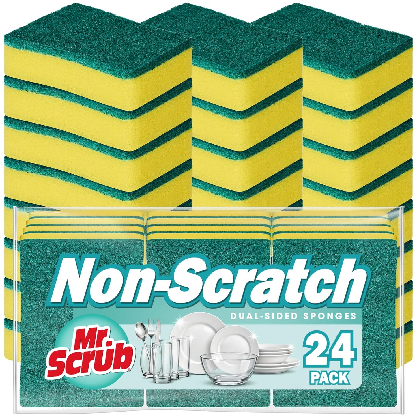 Mr. Scrub Sponges Kitchen Scrub Dish Sponge Scouring Pad, 24 Pack Cleaning Brush Scrubber Supplies for Soap, Dishwashing Dinnerware Sets Pan Pot Towels Cloth Rags Holder Glass Dishwasher Sink Bathroom