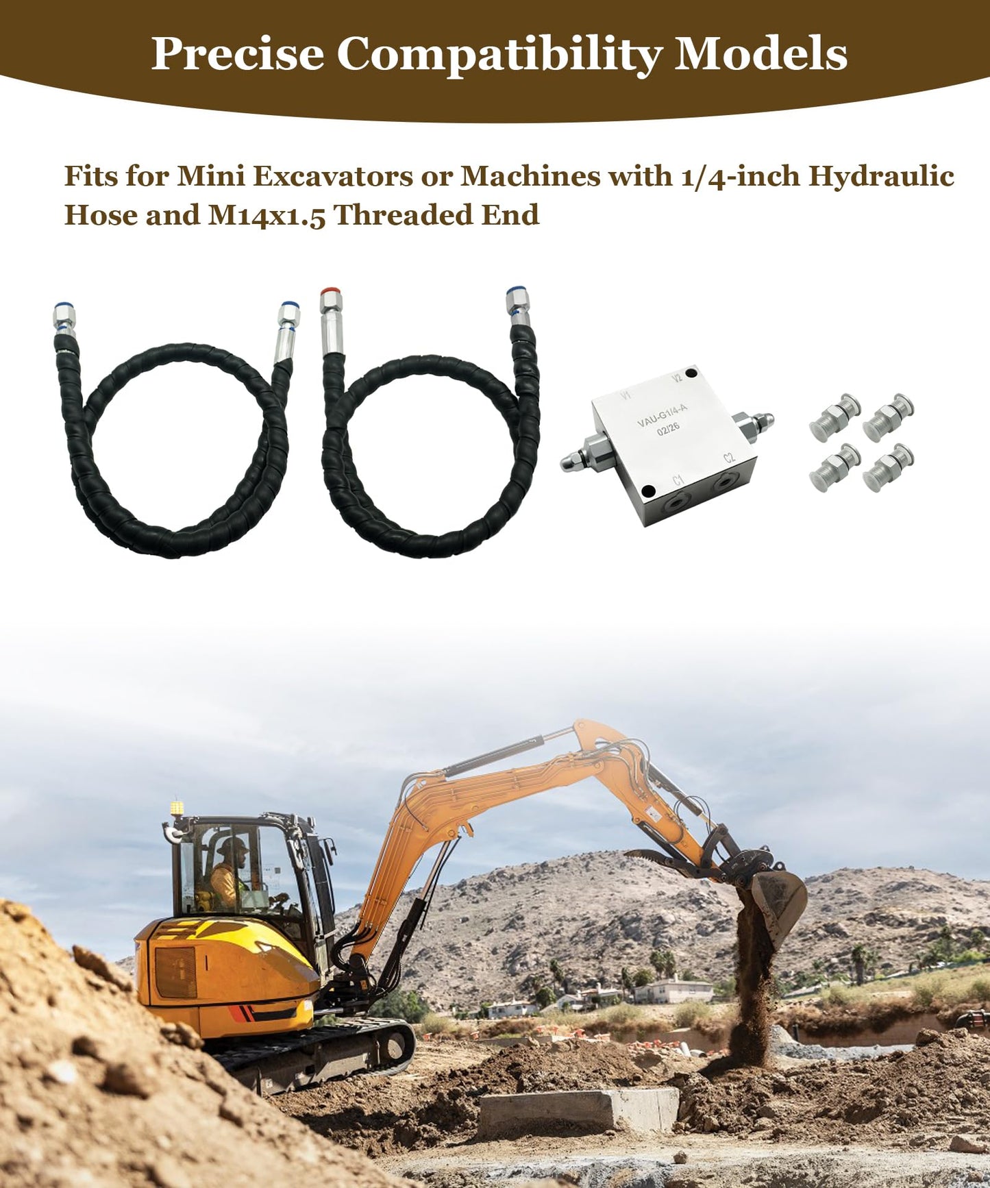 Mini Excavator Cushion Valve Kit with 1/4-inch Hydraulic Hose and M14x1.5 Threaded End,Fits Any Mini Excavator Attachments, Shock Absorb & Smooth Rotation Build Suitable for Rotary Motor Assembly
