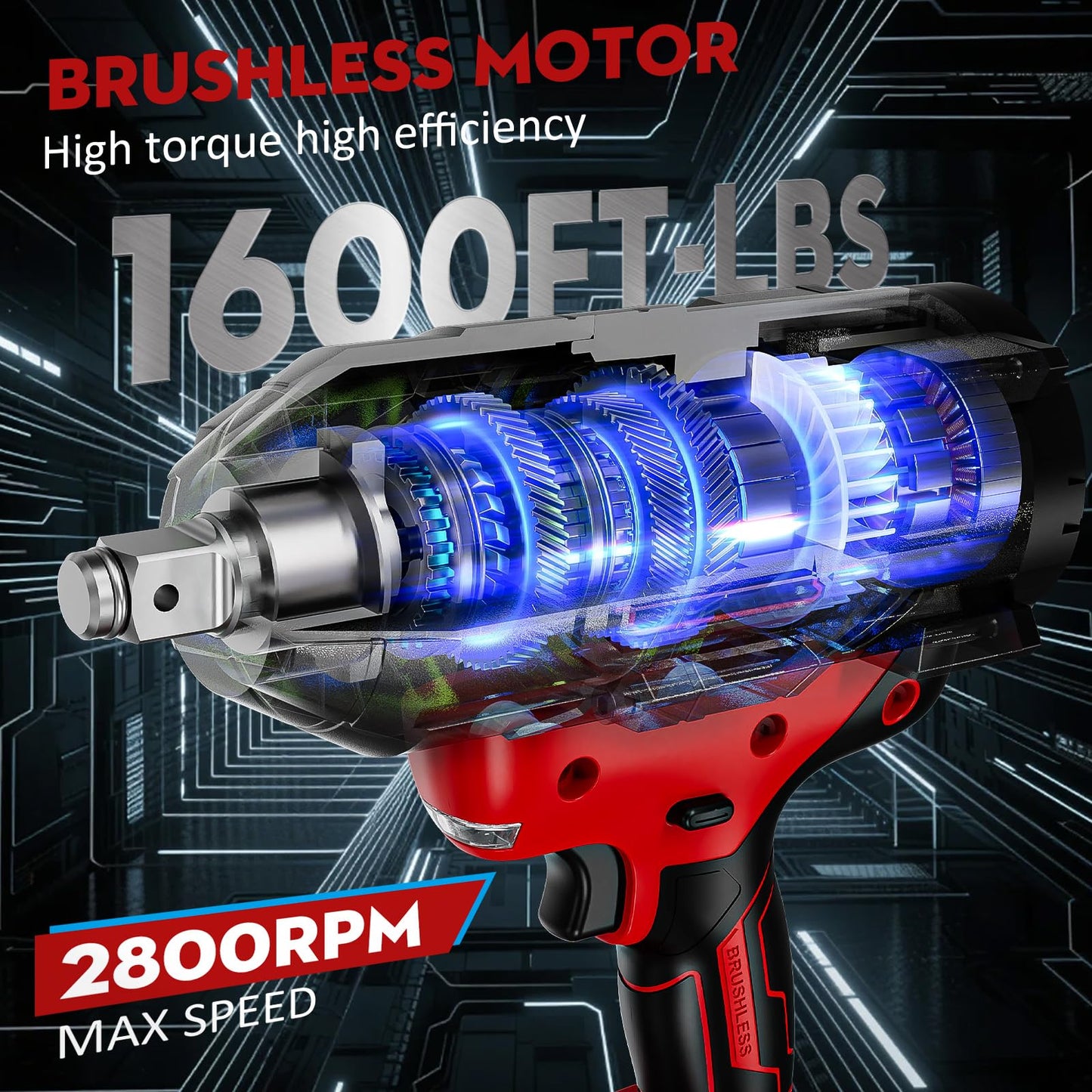 SundpeyPRO Cordless Impact Wrench 1600Ft-lbs - 2100N·m High Torque Impact Gun with 2 * 4.0Ah Battery - 3/4 Inch Brushless Impact Driver with 3/4" to 1/2" Adapter & 5 Sockets & Case for Car Truck Home