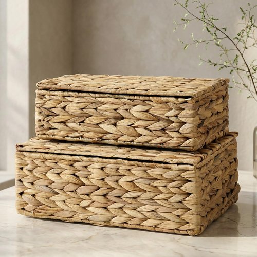 Decorative Storage Boxes - Set of 2 Stylish Wicker Organizer Bins for Home Decor | Safely Store Photos & Keepsakes