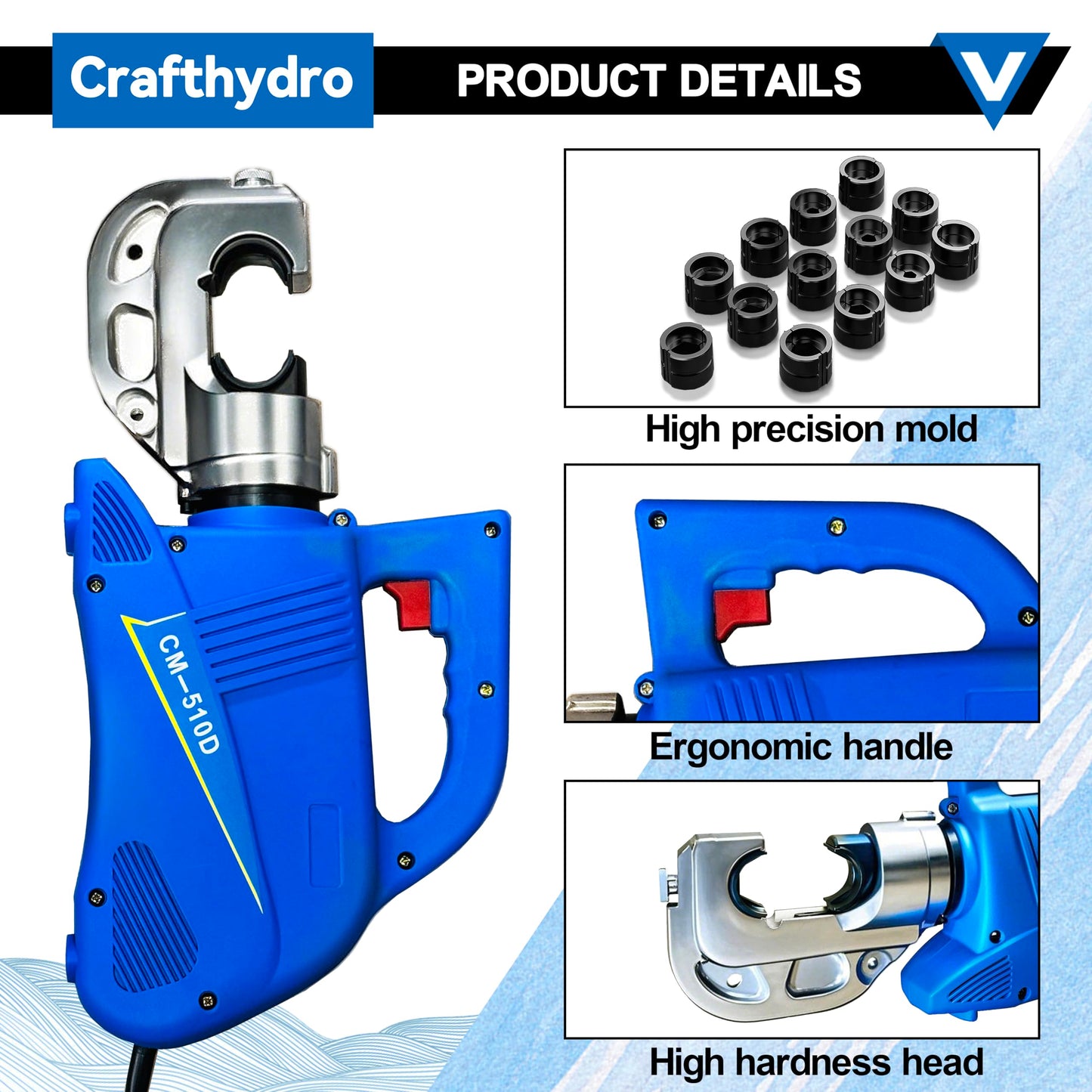 Hydraulic Crimping Tool 15Ton Electric Cable Lug Crimpers - 13 Dies (8AWG to 800MCM) Cable Wire Crimping Pliers Machine Kits with 2.8m Wire