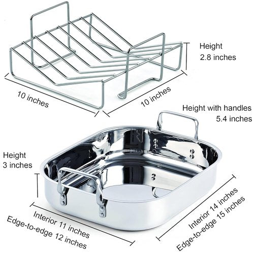 Cooks Standard Stainless Steel Roaster Pan - V-Shaped Rack for Perfect Turkey Roasting | 14"x11" Inner Size