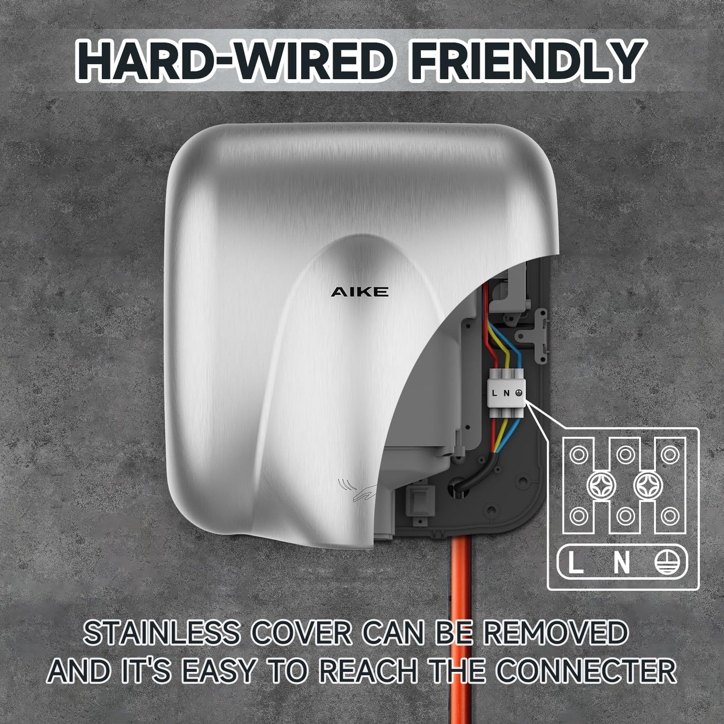 AIKE Heavy Duty Hand Dryer Hard-Wired Friendly 110V High Speed Brushed Stainless Finish Model AK2811
