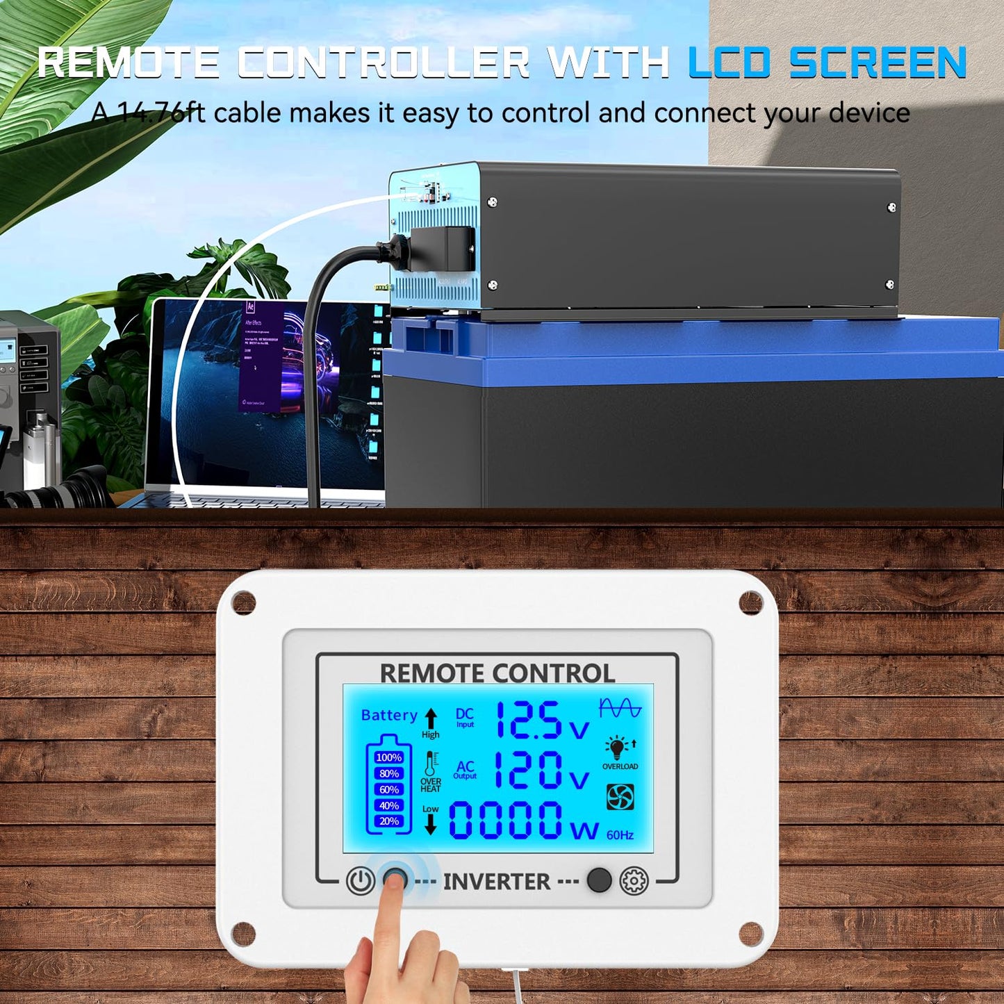 1500W Pure Sine Wave Power Inverter with Transfer Switch, 12V DC to 120V AC Converter, 3000W Peak, Auto Switch to Shore Power, Remote LCD Controller, USB & Type-C for RV, Truck, Off-Grid