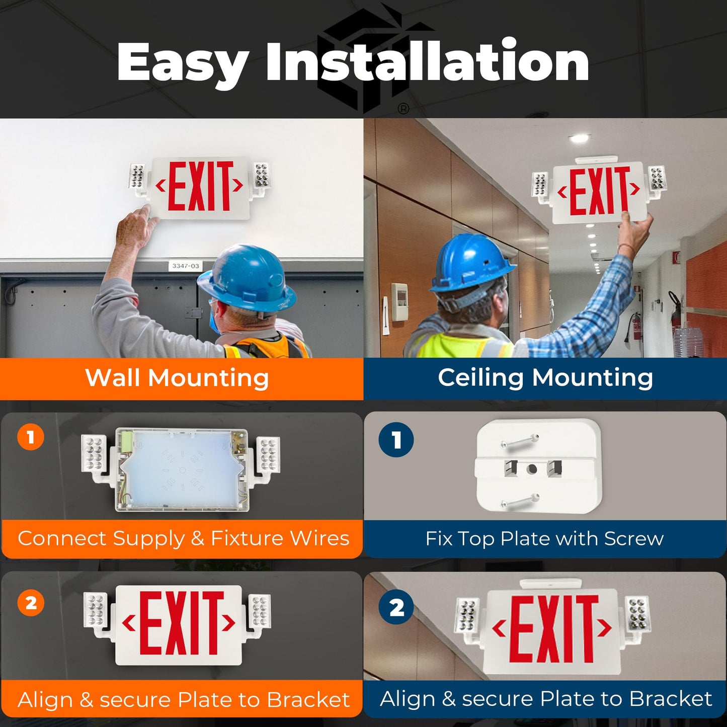 LFI Lights® Thin COMBO UL 924 Listed, Red LED, Exit Sign with Emergency Lights, White, 120-277VAC Hardwired with Battery Backup, Optional Double Face and Knock Out Arrows COMBOTRWBB