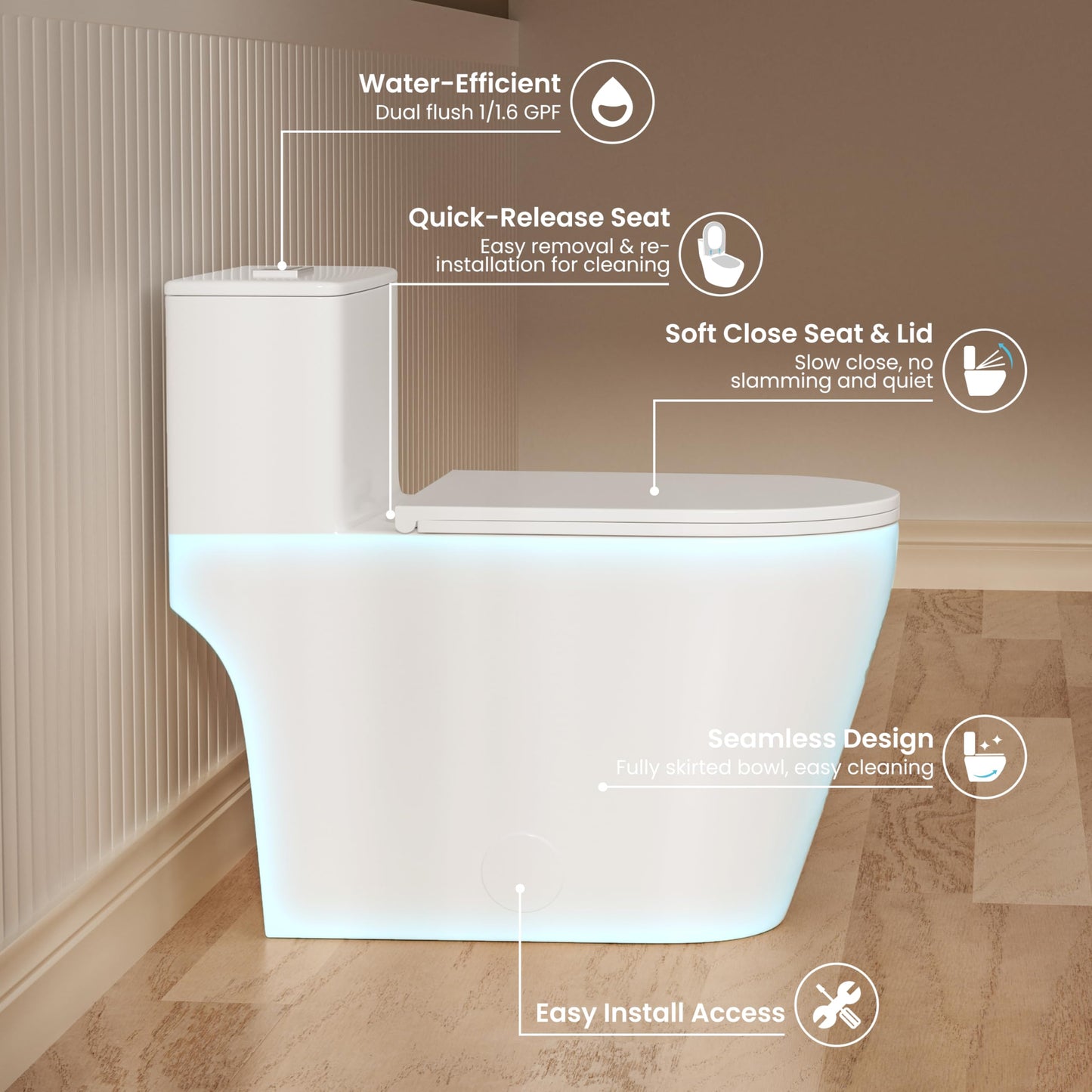 Casta Diva Elongated One Piece Toilet with 17" ADA Comfort Chair Height Seat Compact Toilet for Bathroom Dual Flush 1.1/1.6GPF, 12'' Rough-in, High Efficiency Flush, Standard White Bowl