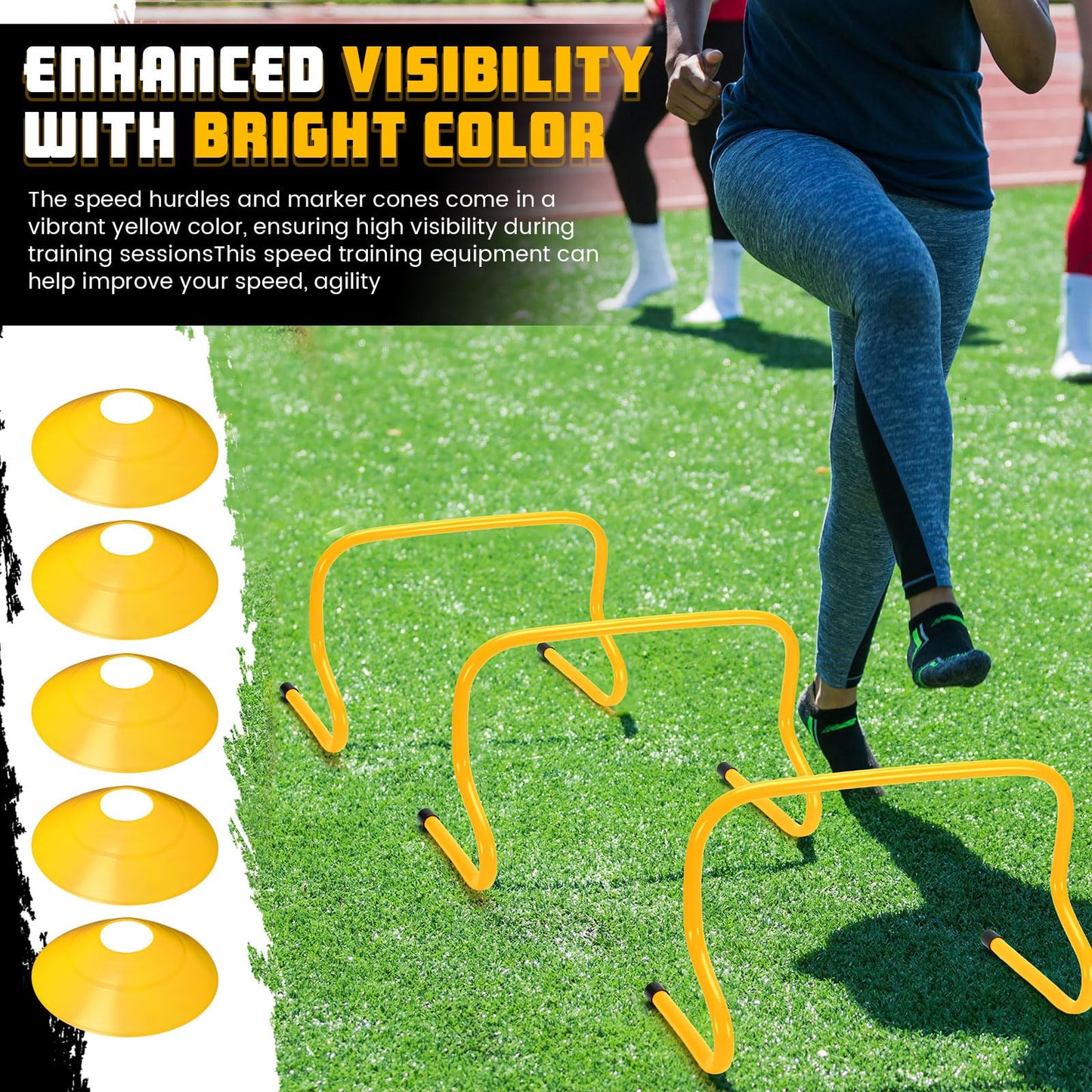 Gemscream 12 Pcs 12 Inch Agility Hurdles Training Equipment Agility Hurdles and Marker Cone Set Disc Cones Speed and Training Obstacle for Athletes Sports Soccer Football Tennis Basketball(Yellow)