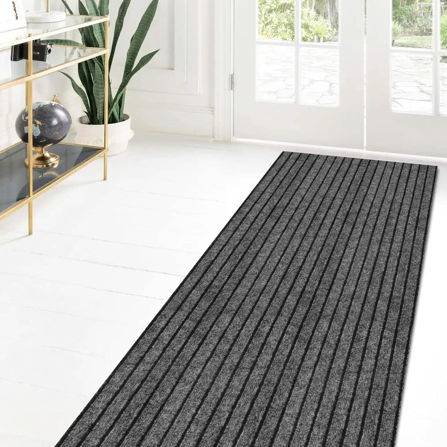 Skiennix Custom Size Runner Rug - Non-Slip Rubber Backing | 2 ft x 6 ft Gray with Black Stripe for Hallway, Kitchen, Garage
