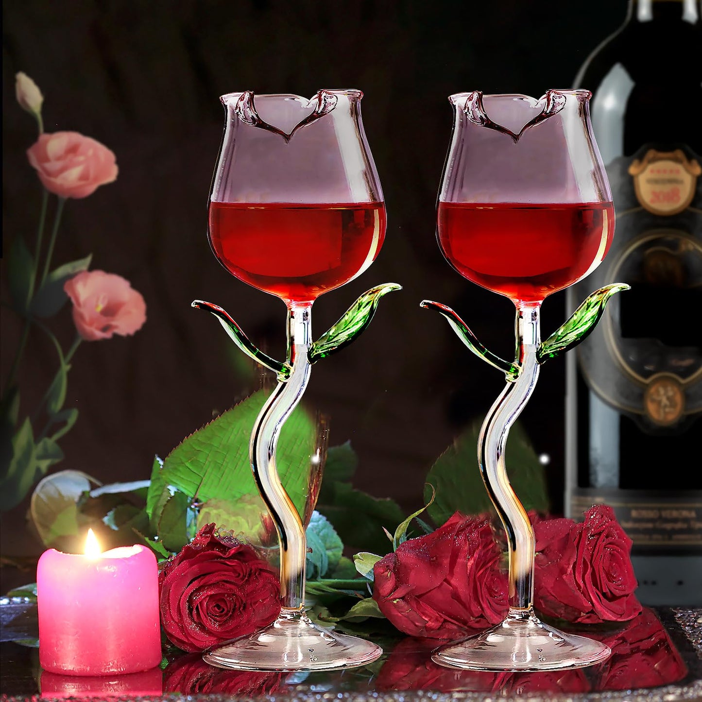 INFTYLE Rose Wine Glasses Set of 2 Creative Wine Goblet Champagne Flutes Classy Red Wine Glass, Ideal Gifts for Housewarming, Wedding, Birthday Celebrations