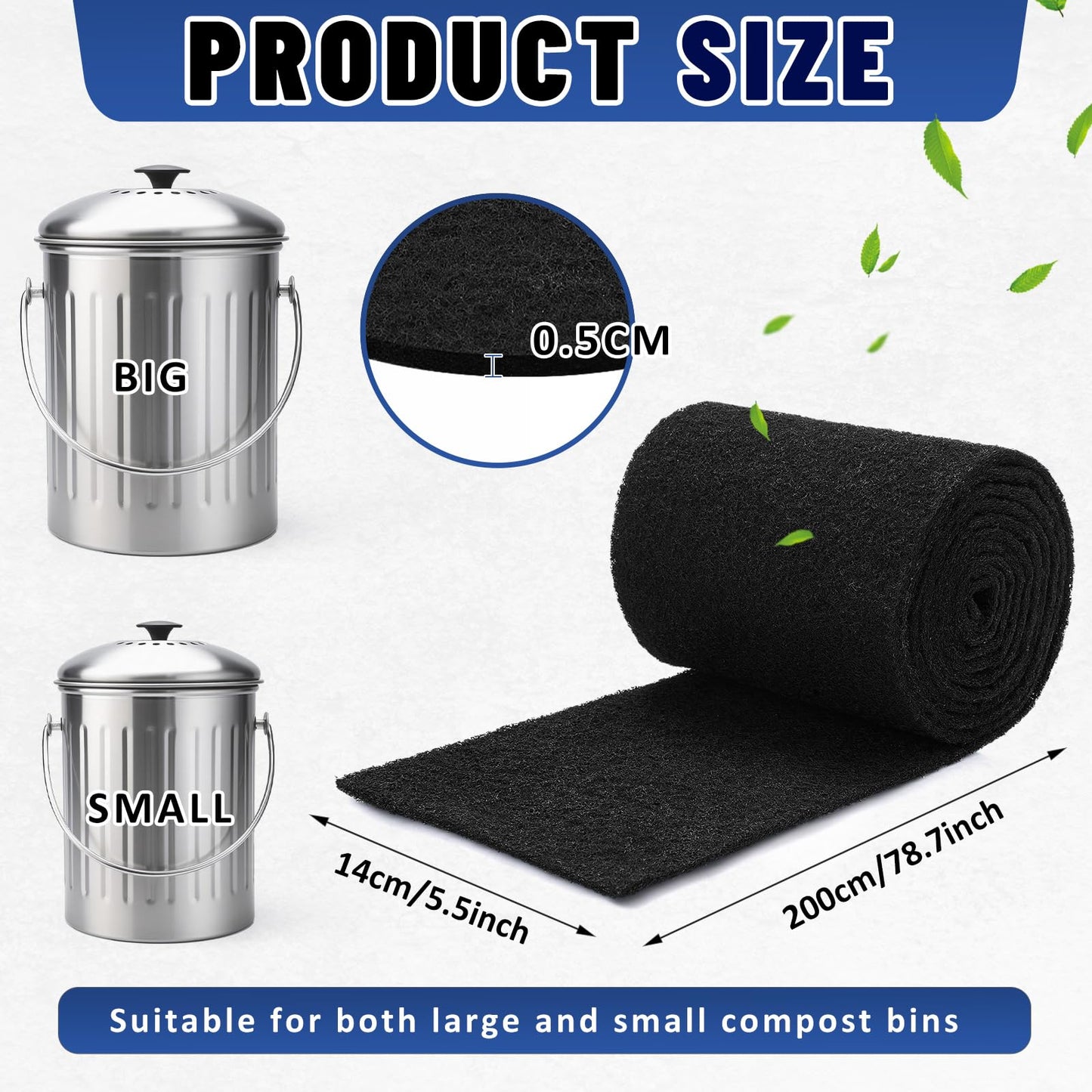Reallnaive Square Compost Bin Charcoal Filters 78.7 x 5.5 Inch, Activated Carbon Filter Sheet Thickening Trimmable for Compost Bucket Compost Pail Countertop Recycle Bin