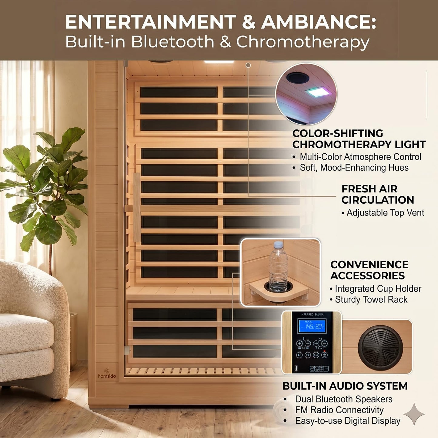 2 Person Far Infrared Sauna for Home, Canadian Hemlock Wood Infrared Sauna, 1800W Low EMF Sauna with 8 Mica Heating Panels, Bluetooth, FM Radio, Color Light Therapy, Indoor Home Spa Sauna