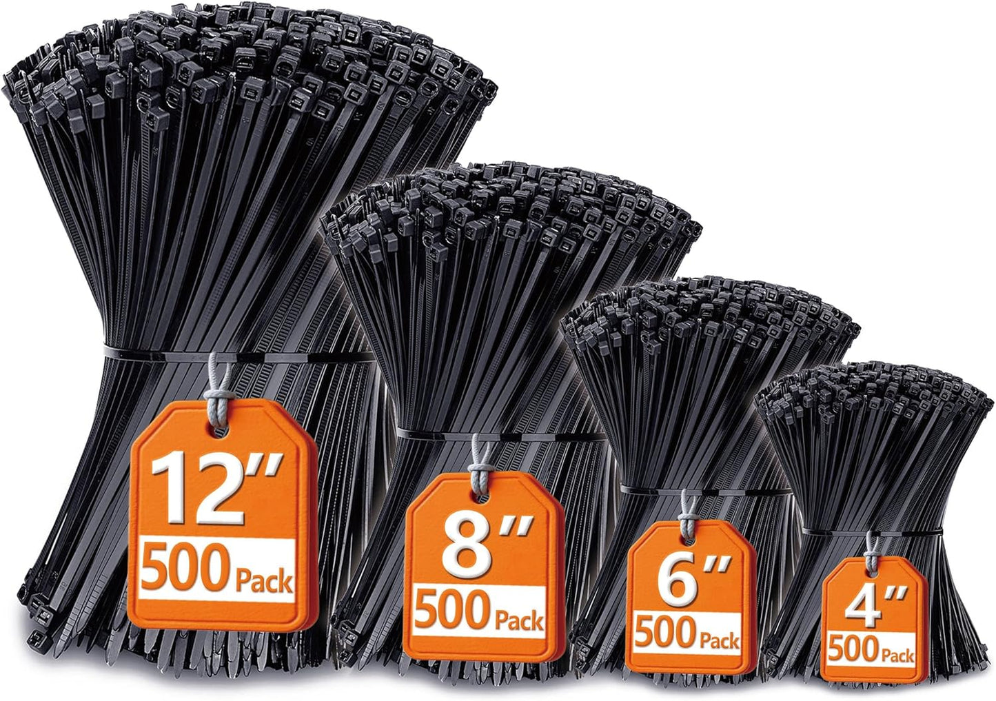 ANOSON Sizes(4+6+8+12), 2000 Pack, Zip Ties Assorted Black Cable Ties, UV Resistant Wire Ties by
