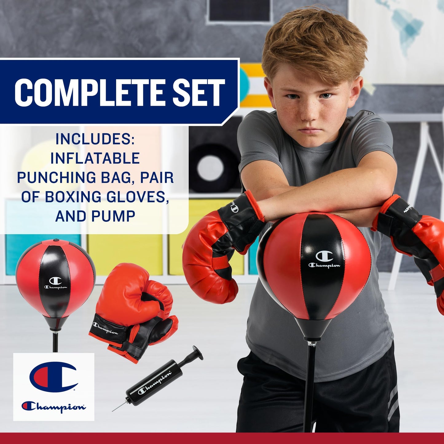Champion Kids Punching Bag Set for Ages 3-10 – Adjustable 30"–43" Stand, Spring-Rebound Boxing Bag, PU Foam Gloves & Fillable Base – Indoor & Outdoor Youth Boxing Set