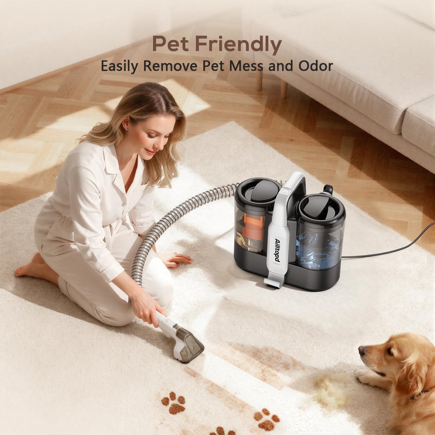 Portable Carpet & Upholstery Cleaner Machine, 15Kpa Strong Suction & Handheld Spot Cleaner Machine for Couch, Sofa, Car, Pet Stains, Furniture Cleaner with Cleaner Solution and Self-Cleaning System