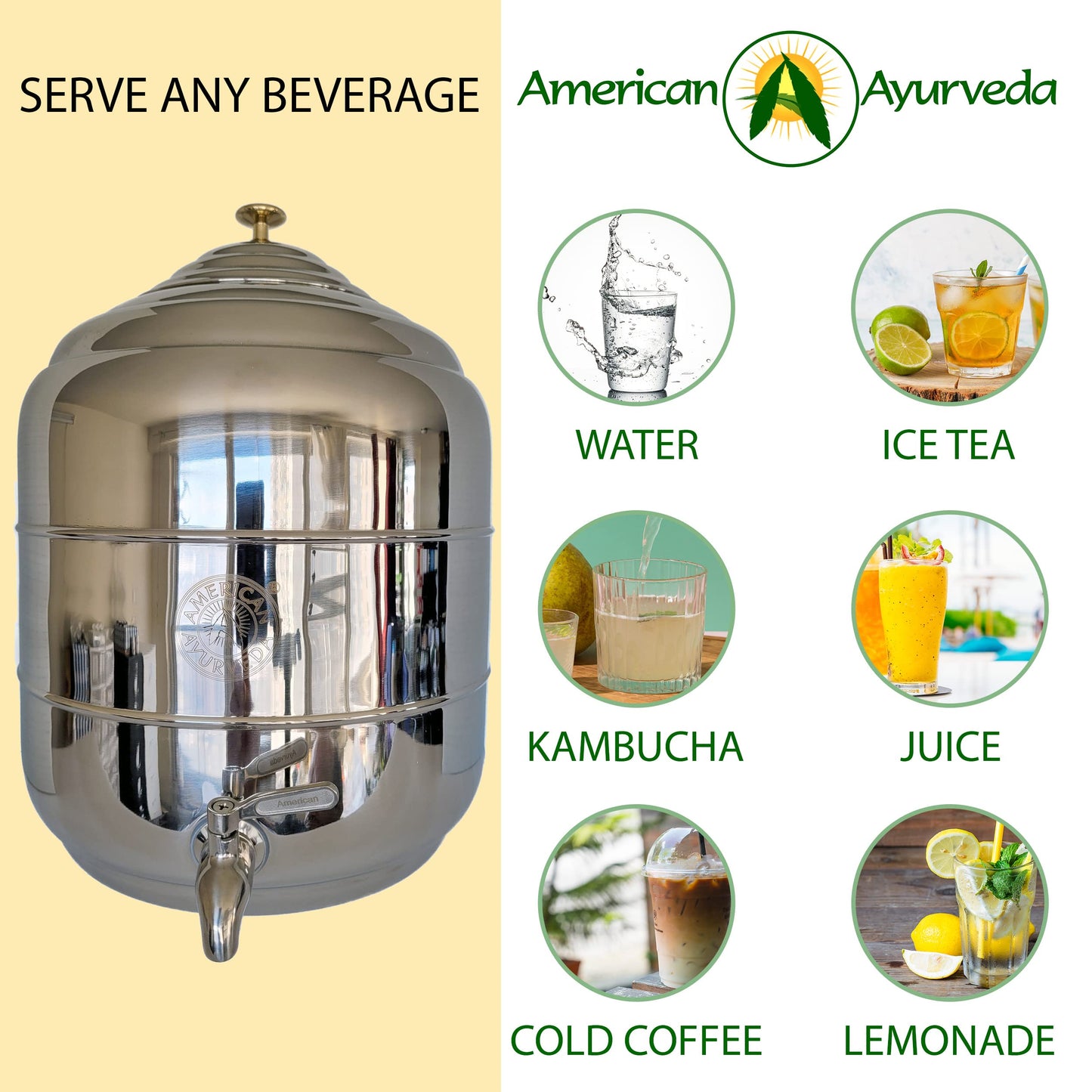 5 Gallon Counter Top Stainless Steel Beverage Dispenser with Faucet Spigot, handle and Lid to Dispense Chilled Water, Beverages, Tea, Soda, Juice