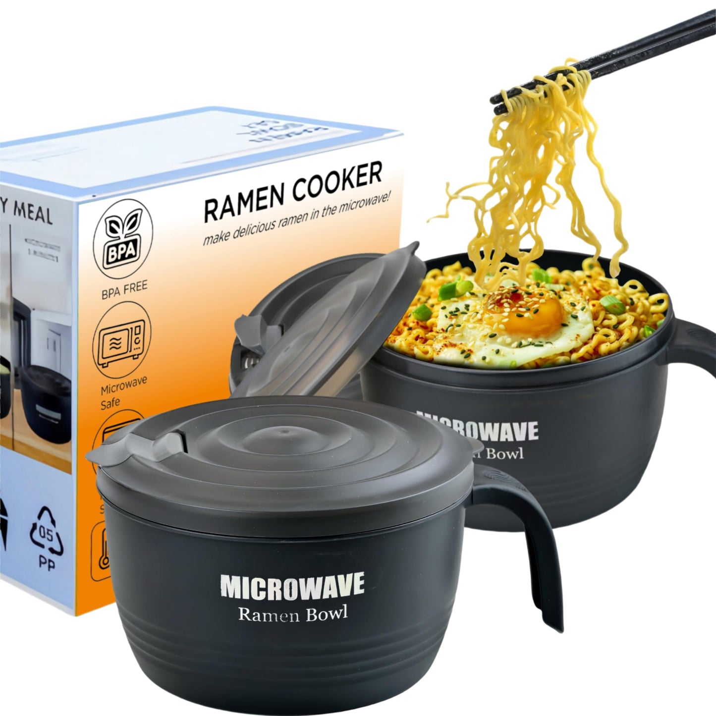 Layron 2 Sets Microwave Ramen Cooker Bowl 45 oz Instant Noodle Bowl with Handles Ramen Noodle Cooker with Spoon Chopsticks Fork Knife College Dorm Room Essentials for Boys Girls (Black, Black)
