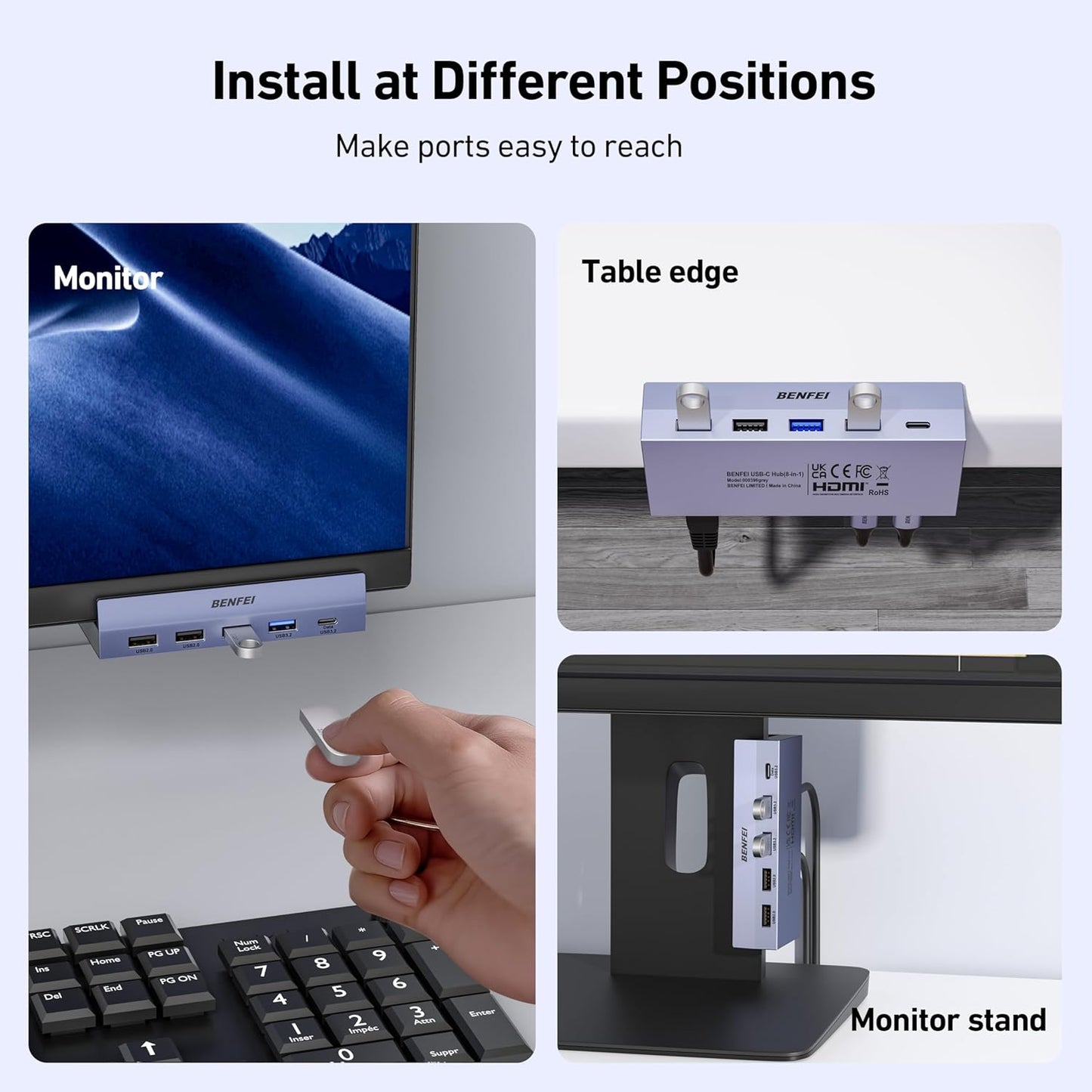 BENFEI 8-in-1 4K@60Hz 100W 10Gbps 1x 2 3.2, 2 2.0 S23, XPS17 USB C Hub with Secure Clamp Features HDMI, Gigabit