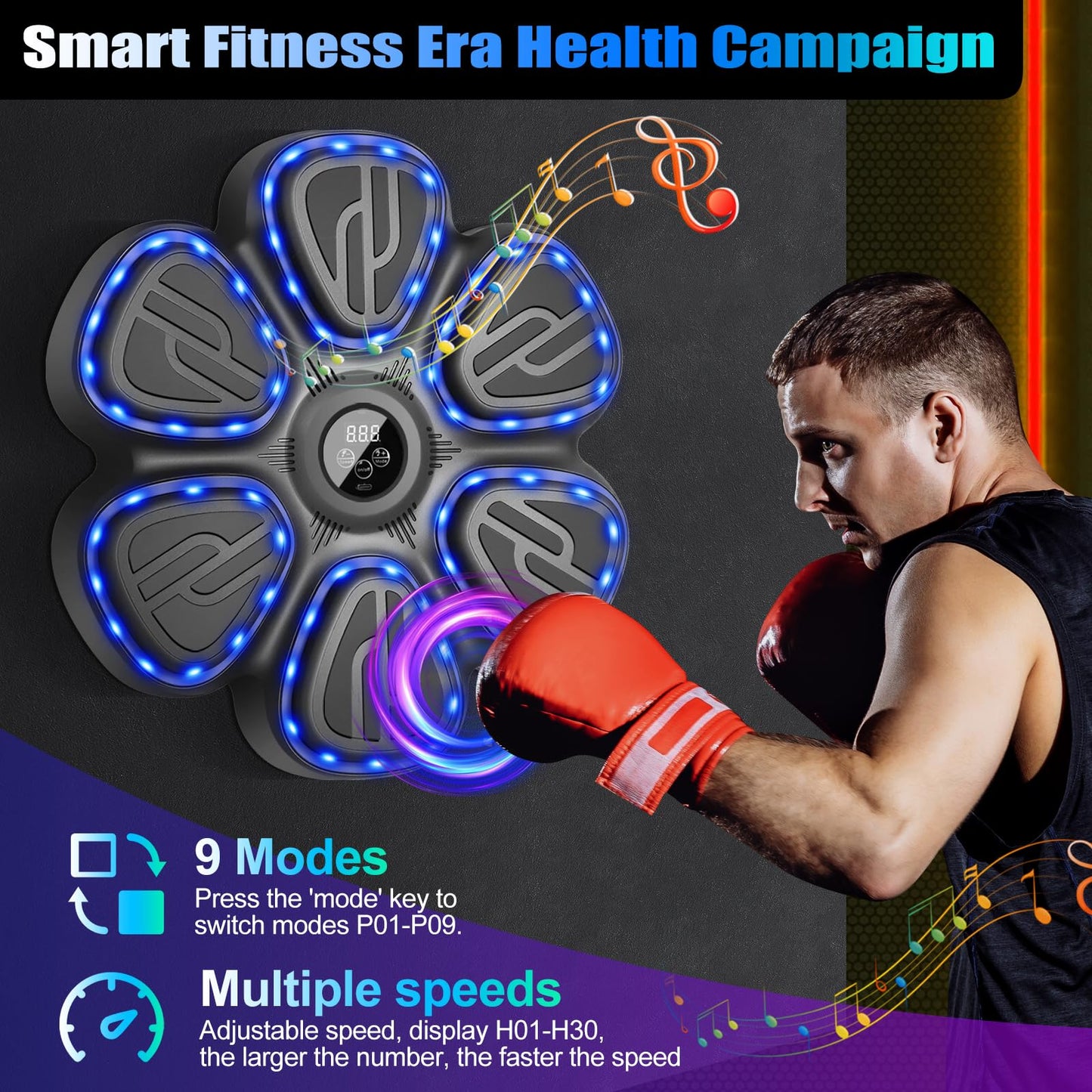 Terrepulse Music Boxing Machine for Kids,Wall Mounted Training Punching Machine for Teenager & Adults,Smart Interactive Boxing Machine with LED Lights & Bluetooth (Black)