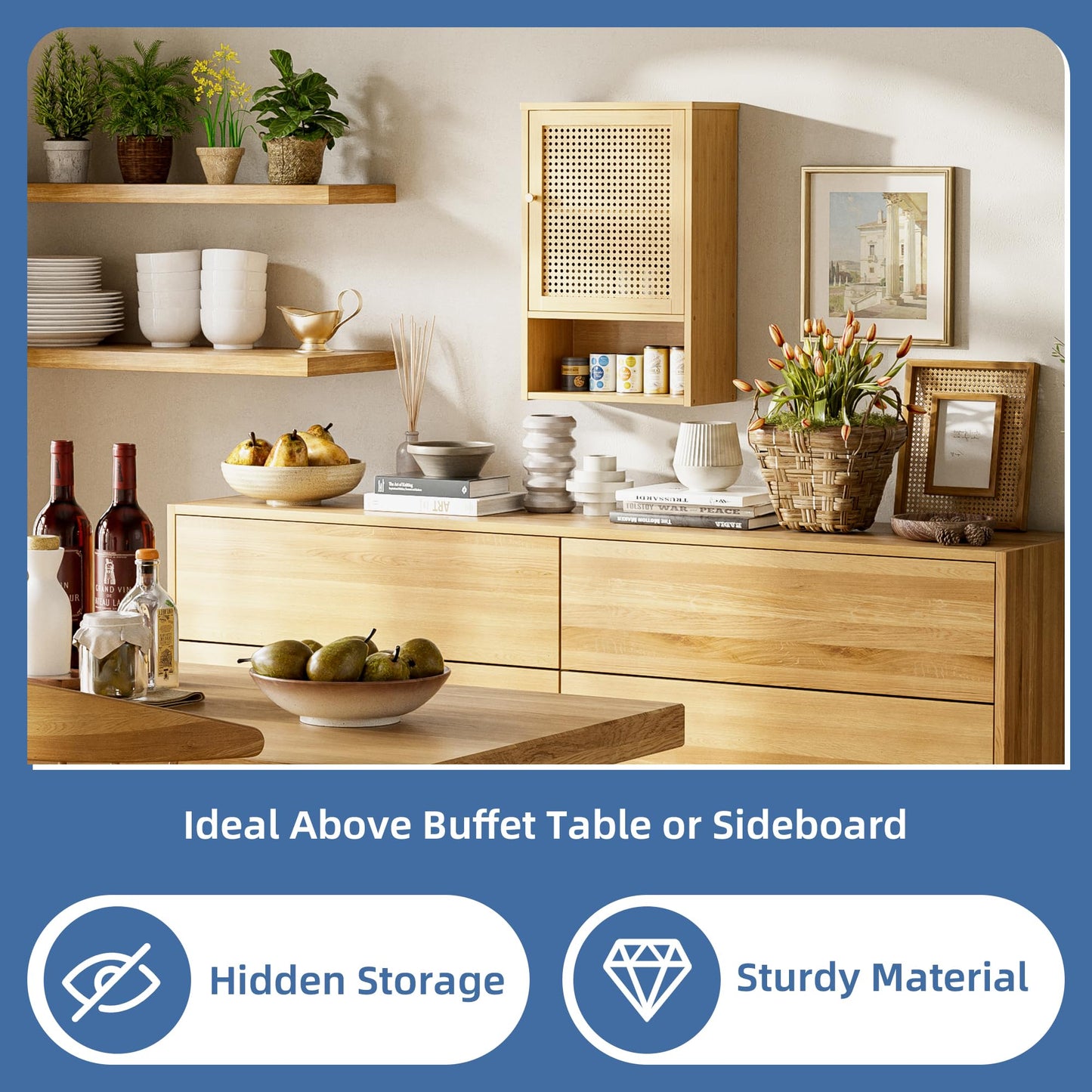 HITNET Bathroom Wall Cabinet, Rattan Medicine Cabinet, Bamboo Hanging Storage Organizer Over The Toilet with Adjustable Shelf for Living Room, Kitchen, Hallway(Natural)