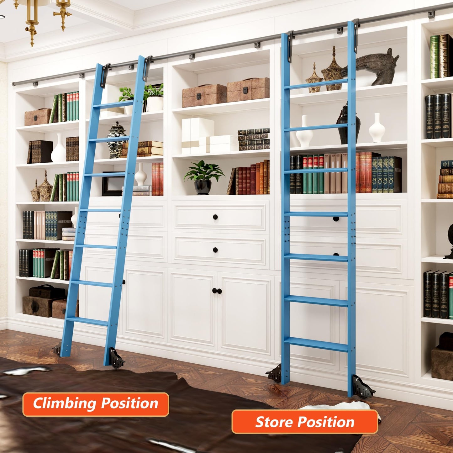 DIYHD 87" Sliding Library Ladder with 7 Steps, Telescopic Top Hook, Lightweight Rolling Ladder with Upright Space-Saving Storage, Kit with 4FT Sliding Rail, Bottom Rollers, 300lbs Capacity, Blue