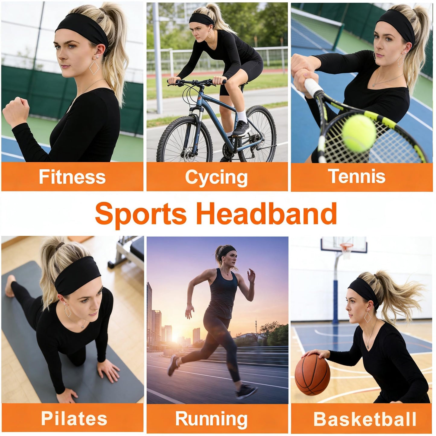 Calbeing Headbands for Women, 5 Pack Black Sweat-Absorbing Sport Sweatbands, Soft Elastic Yoga Hairbands, Comfortable Hair Bands for Fitness Workout Travel Exercise