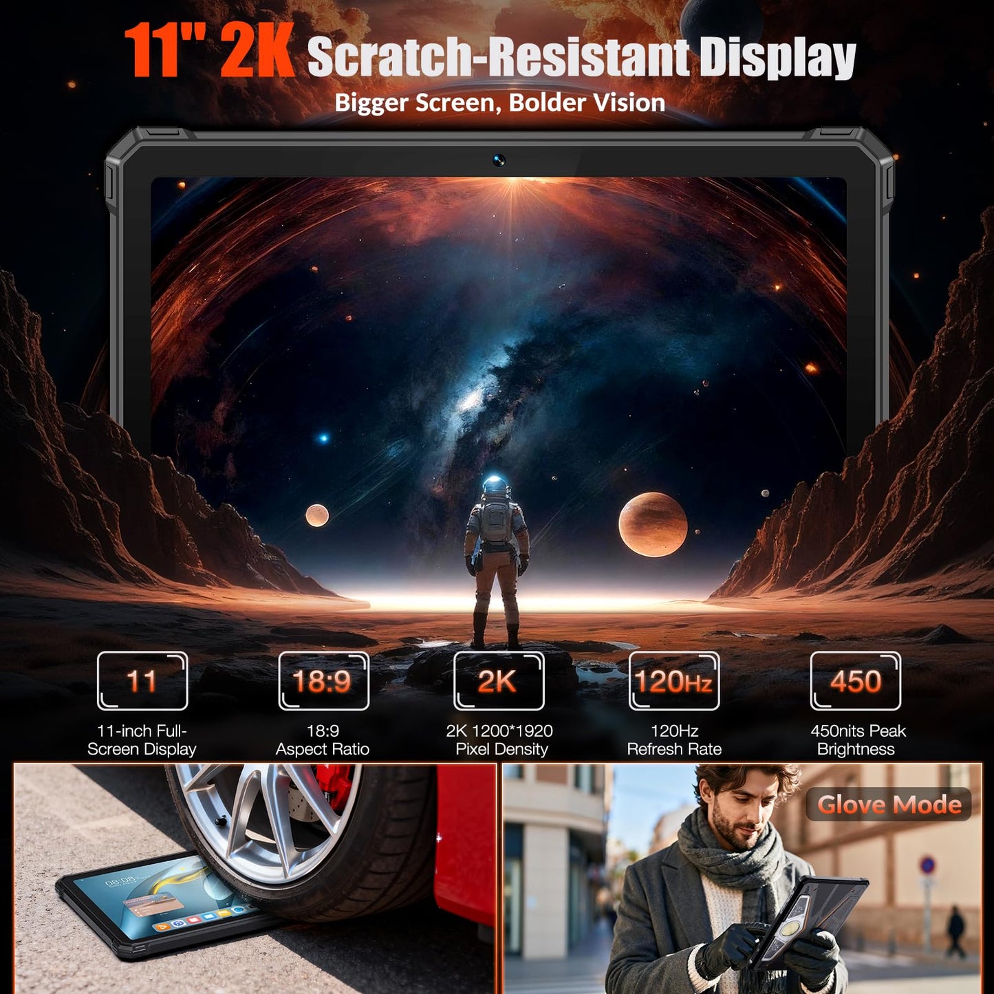 ORCATAB WT1 Pro 2026 5G Rugged Tablet Android 15, 2K 11" 120Hz 33W 20080mAh Waterproof Tablet, 32GB+256GB/2TB Outdoor Tablets, 64MP+16MP+20MP Gemini AI/IP68/5G LTE WiFi/Face ID/OTG/GPS/Camping Lantern