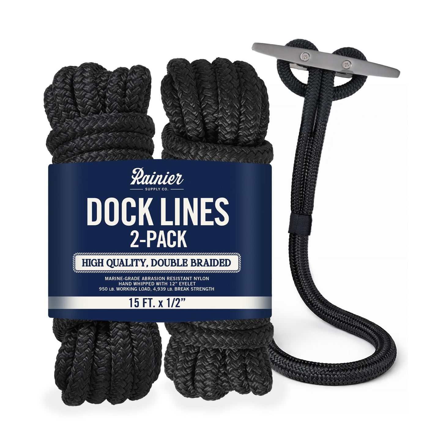 RainierSupplyCo Dock Lines 2-Pack - Boat Rope for Docking with Loop - 15 ft x 1/2 Inch Premium Double Braided Nylon Marine Rope - Mooring Line with 12" Eyelet - Boat Accessories - Black