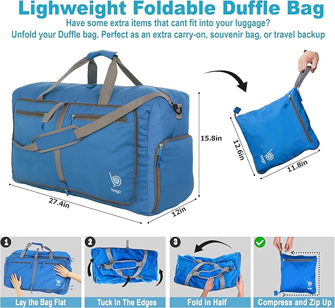 Bago Foldable Duffel Bags for Traveling Women & Men - 60L Medium Packable Duffle Bag for Travel with Shoe Compartment - Water Repellant, Heavy Duty, Lightweight Folding & Collapsible (Blue)