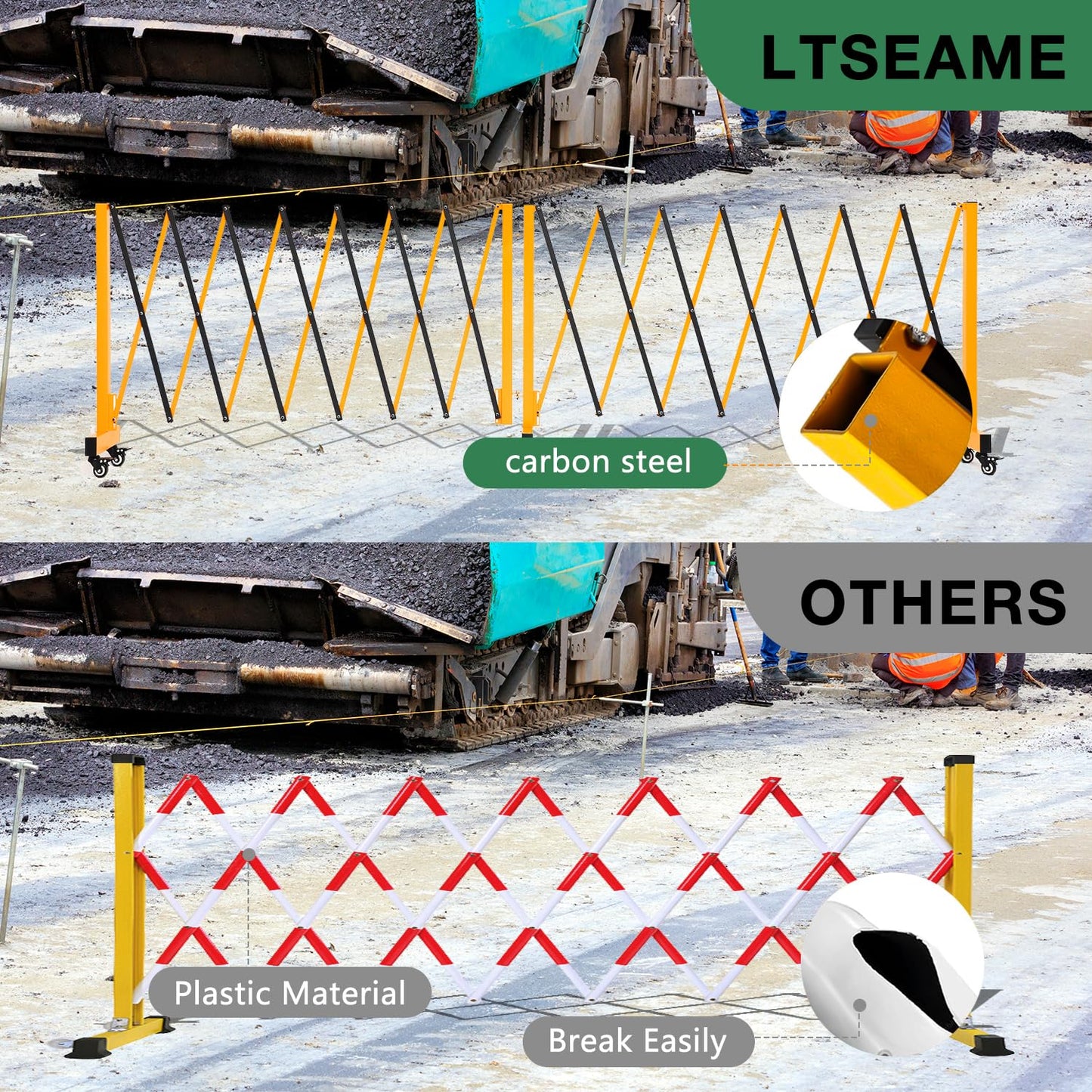 LTSEAME 16.5FT Expandable Barricade Gate, Expandable Metal Barricade Gate Alloy Fence and 270 Degrees Direction Adjustment with Wheels, for Industrial or Residential Use (Yellow, 16.5FT)