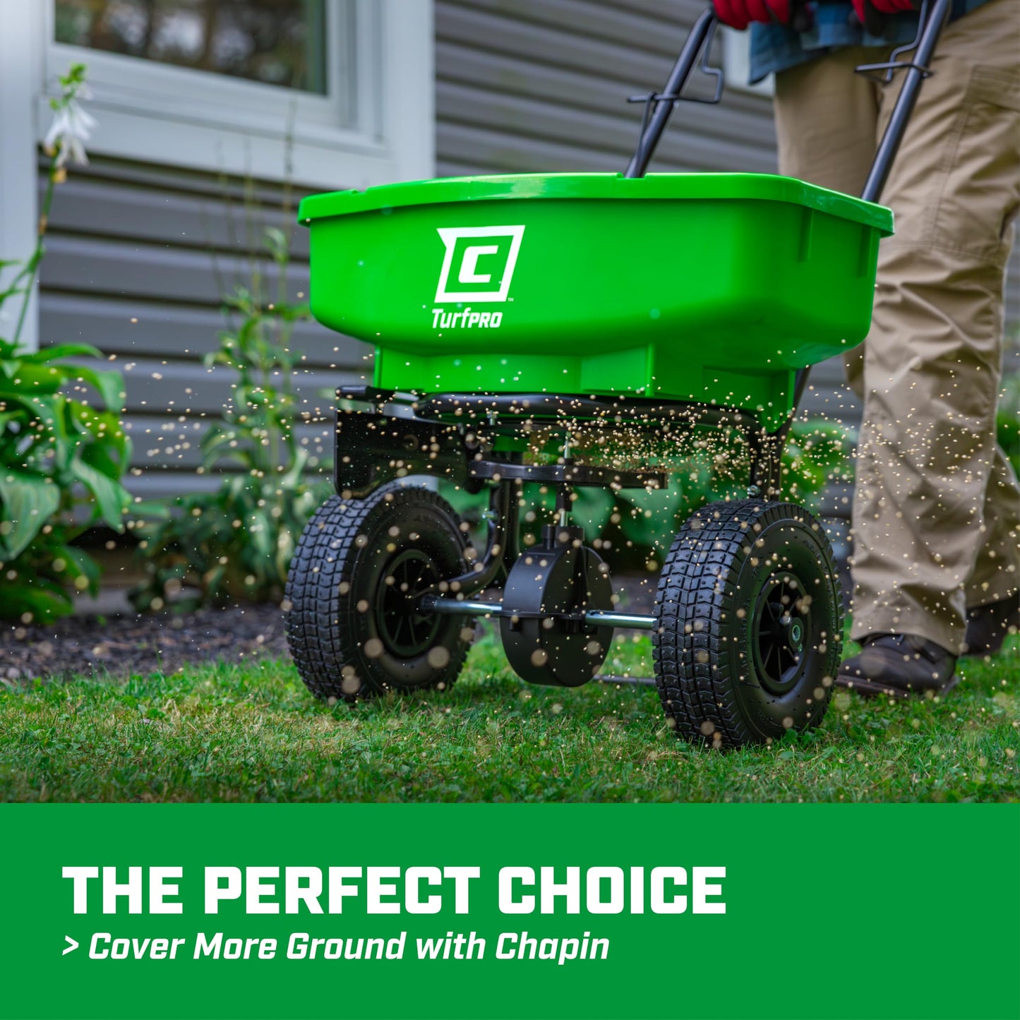 Chapin 89000A Spreader, Lawn and Garden, 80Lbs, TurfPro, Broadcast, Push, Walk Behind, 10" Tires, Weather-Proof, Poly Hopper, Pull-Bar Lever with 15 Setting Gate, Spreads Fertilizer and Seeds