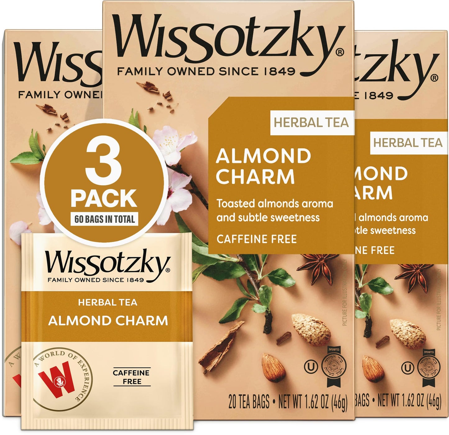 Wissotzky Almond Charm Herbal Tea Bags (3 Pack - 60 Tea Bags) | Caffeine Free | “AKA Chemdat Hashaked” | Delicious Aroma
