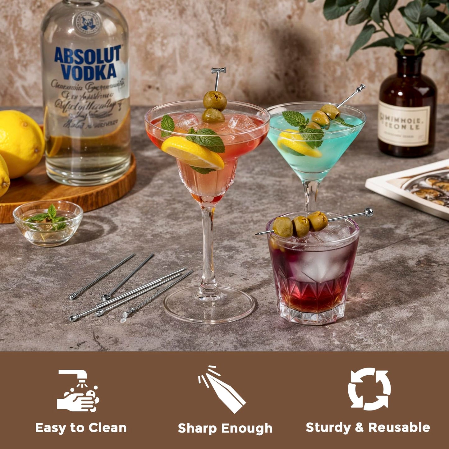 Metal Martini Cocktail Picks 9 Pcs, 4.1 in Olive Skewers Stainless Steel, Martini Garnish Sticks Reusable, Metal Toothpicks for Drinks, Appetizers, Bar Accessories Gift for Bartenders - Sliver
