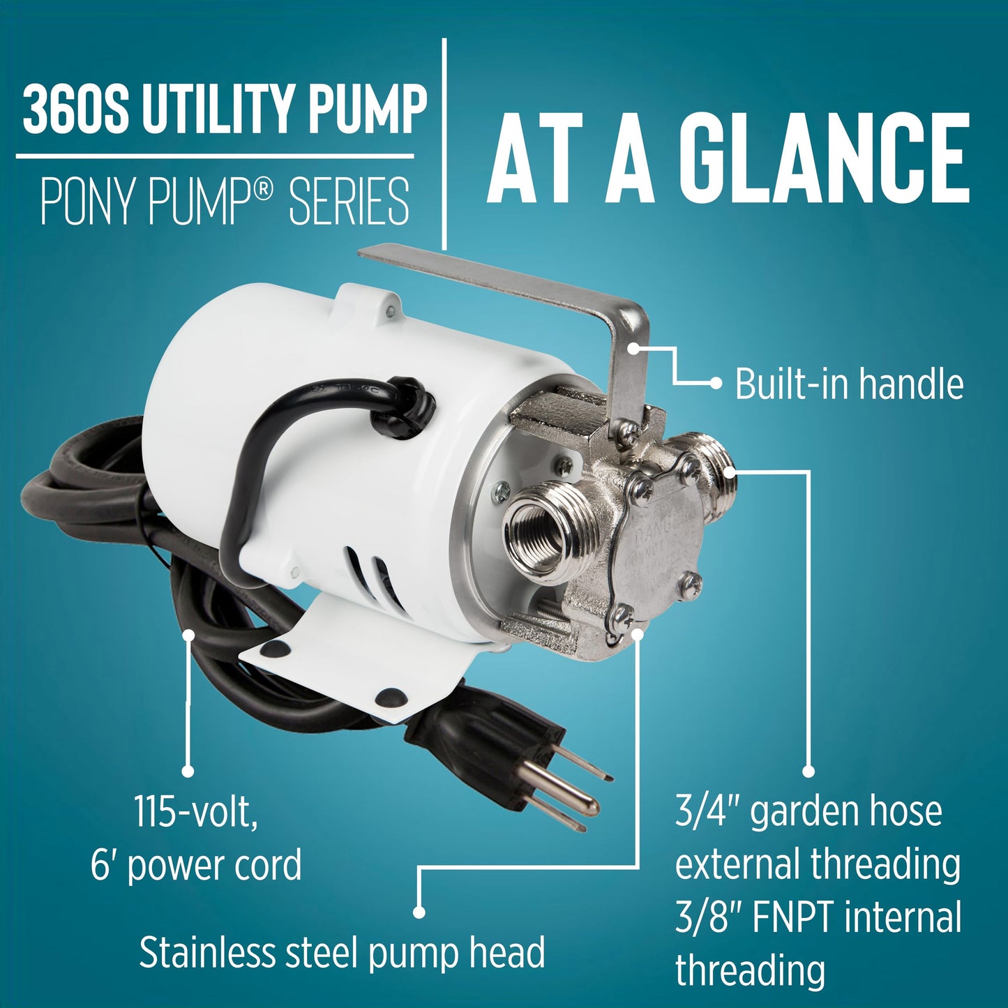 Little Giant 360S 115 Volt, 360 GPH 1/10 HP Stainless Steel Non-Submersible Multi-Purpose Utility Water Transfer Pony Pump with 6-Ft. Cord, White, 555110