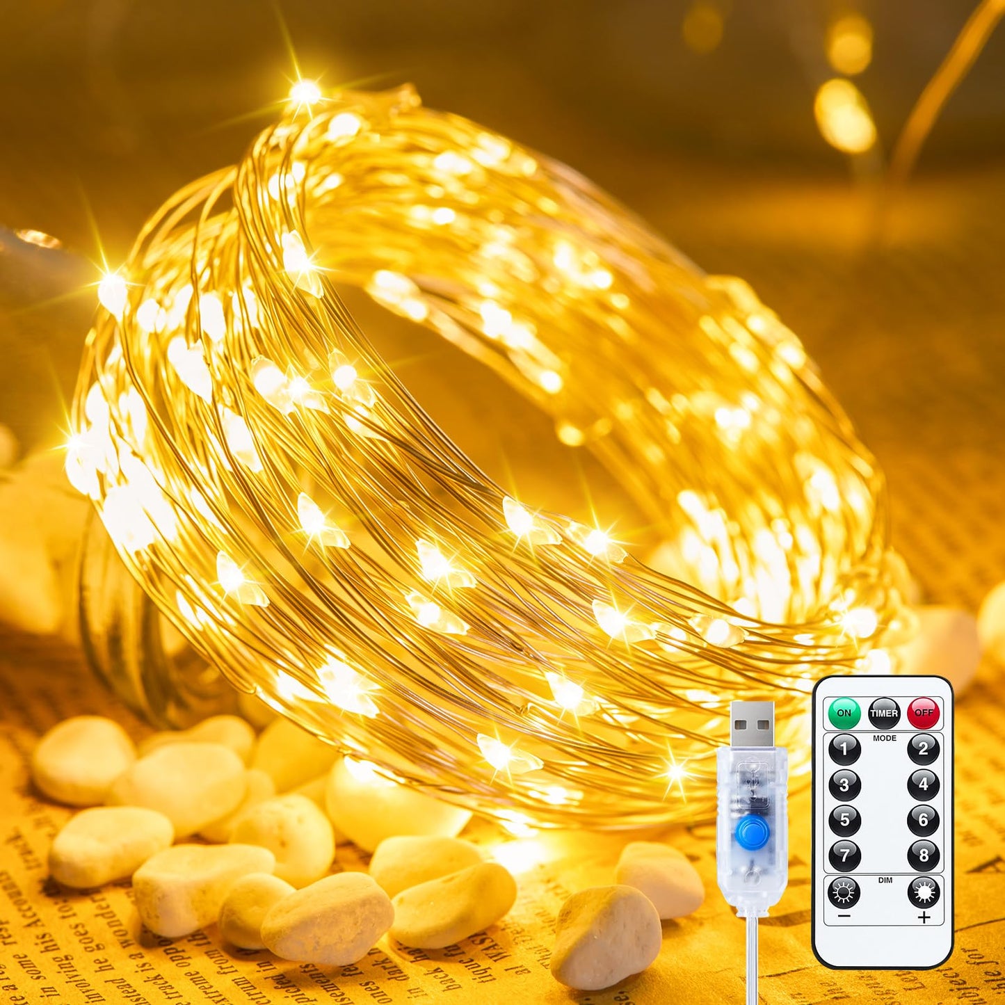 Minetom Fairy Lights, 66ft 200 LED Warm White USB Powered String Lights, Waterproof Silver Wire, Ideal for Indoor/Outdoor Decoration
