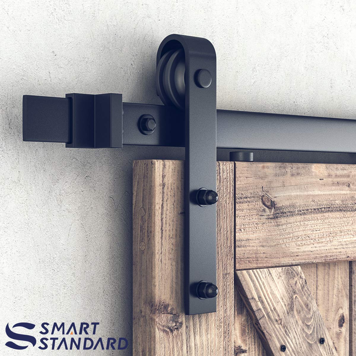 SMARTSTANDARD 5FT Sliding Barn Door Hardware Whole Kit (Include 5ft Track Kit & Pull Handle Set & Floor Guide), Smoothly and Quietly, Easy to Install, Fit 30" Wide Door Panel (J Shape)