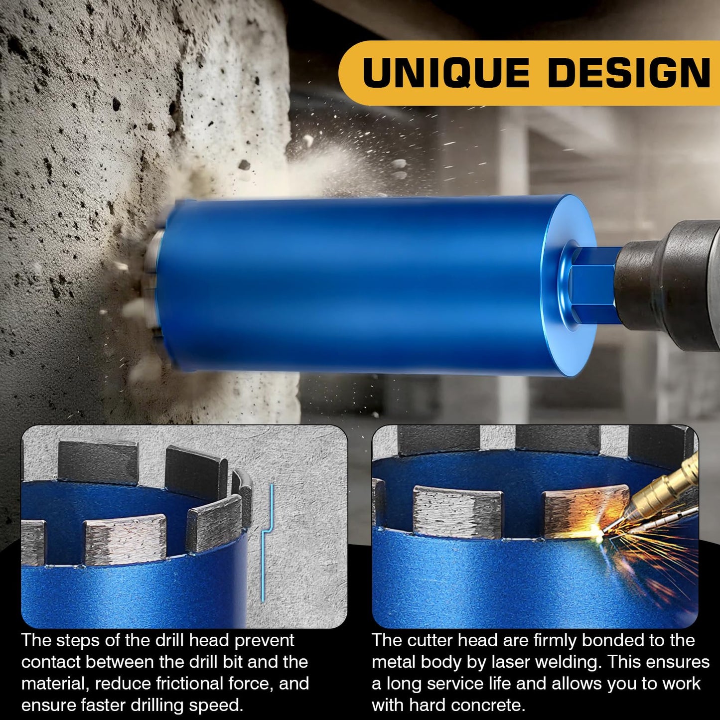 8" Wet Diamond Core Drill Bits, 15" Drilling Depth, 45% Cobalt HRC 70 Concrete Core Drill Bit, 1-1/4-7" Thread, Laser-Welded Segments, Core Bits for Concrete, Masonry, Brick, Mortar