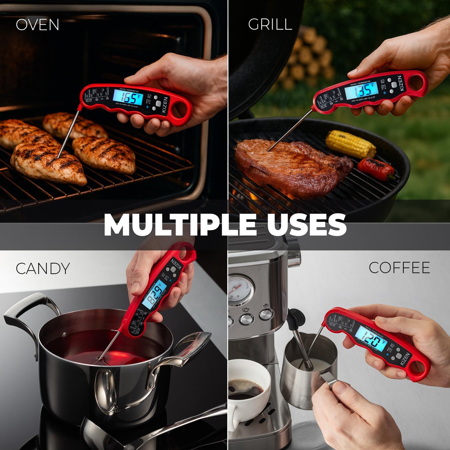 KIZEN Instant Read Meat Thermometer Digital - Food Thermometer for Cooking, Grill, Oven, BBQ - IP67 Rated Waterproof - Large Backlit Display and Magnetic Back