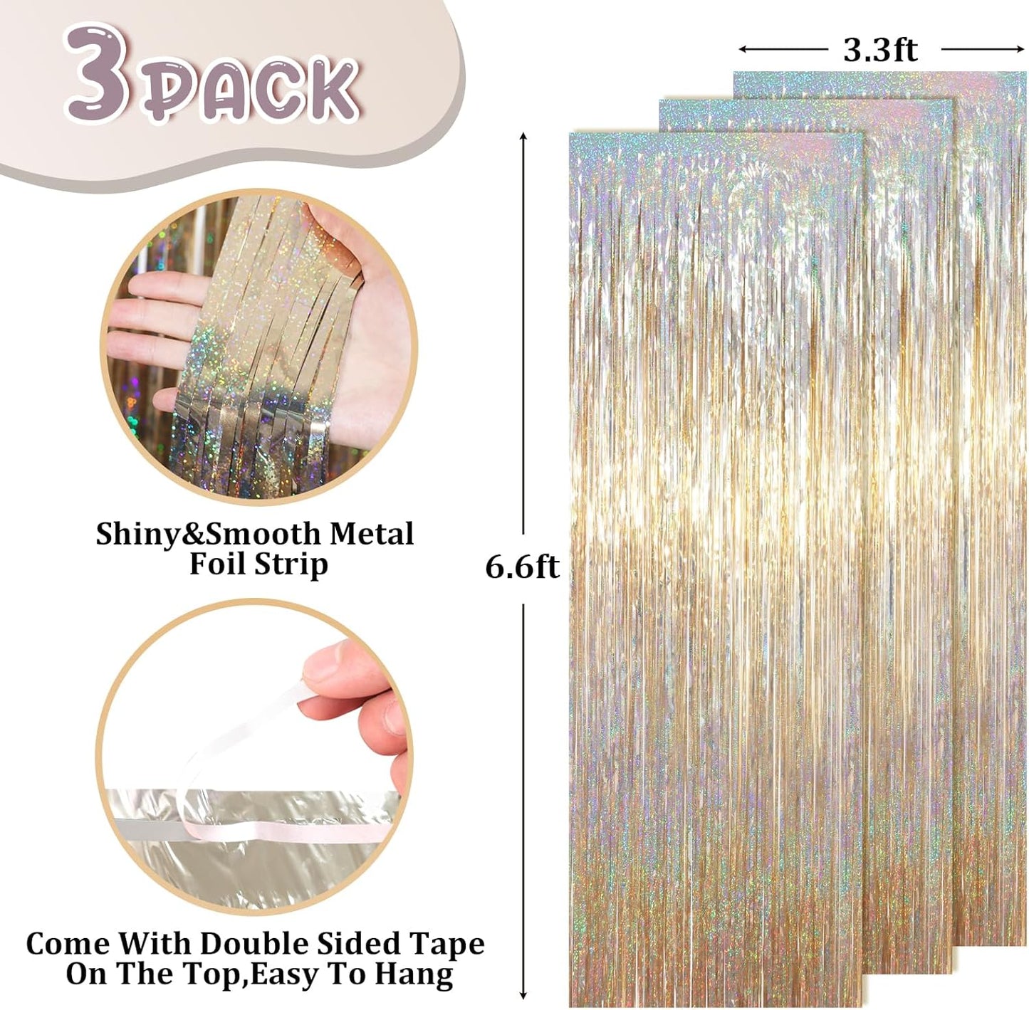 Voircoloria Foil Fringe Backdrop Curtains - 3.3 x 6.6 Ft Tinsel Streamers for Parties | Champagne Color
