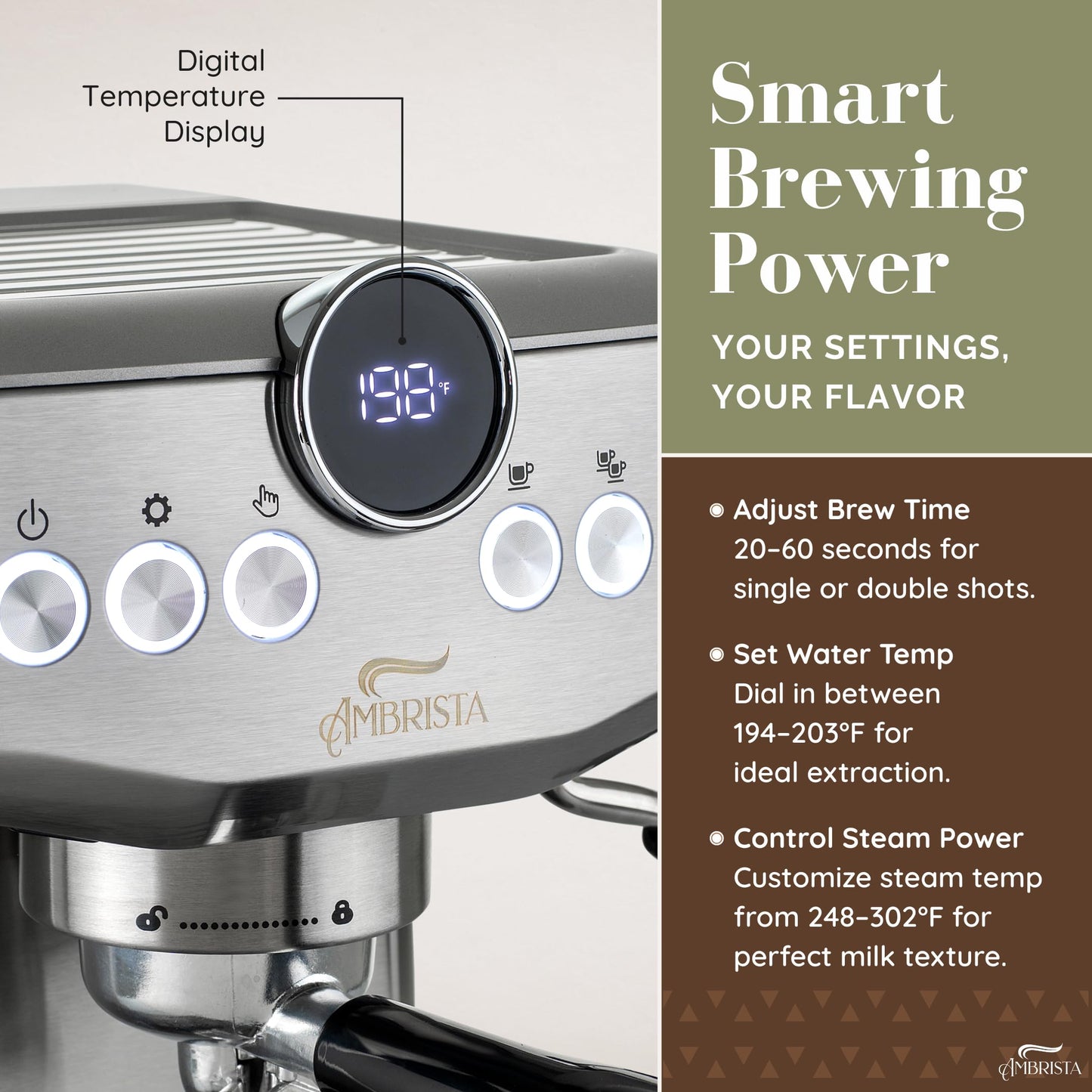 AMBRISTA Espresso Machine 20 Bar with Steam Milk Frother | Stainless Steel Espresso Maker with Customizable Brewing Temperature | 60oz Removable Water Tank | Perfect for Cappuccinos, Lattes and More