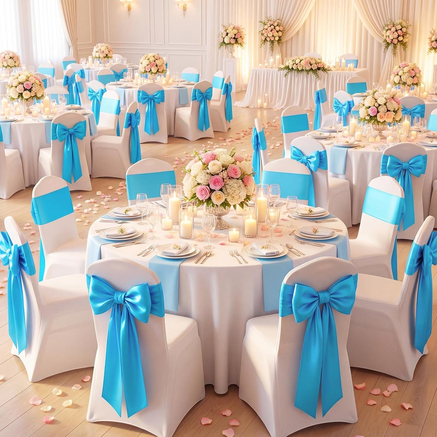Suncalla Large Sky Blue Satin Bow Decorations - 3 Pcs 2 Ft Hanging Wall Decor for Weddings & Parties