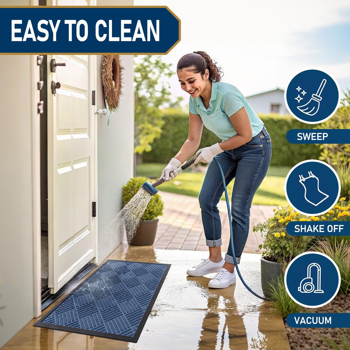 Smiry Front Door Mat Outside Entrance, Heavy Duty Outdoor Indoor Mat, Natural Rubber Doormat, Non Slip, Trap Dirt and Moisture, Easy Clean, Low Profile Patio Porch Entryway Mat, 59x35, Blue