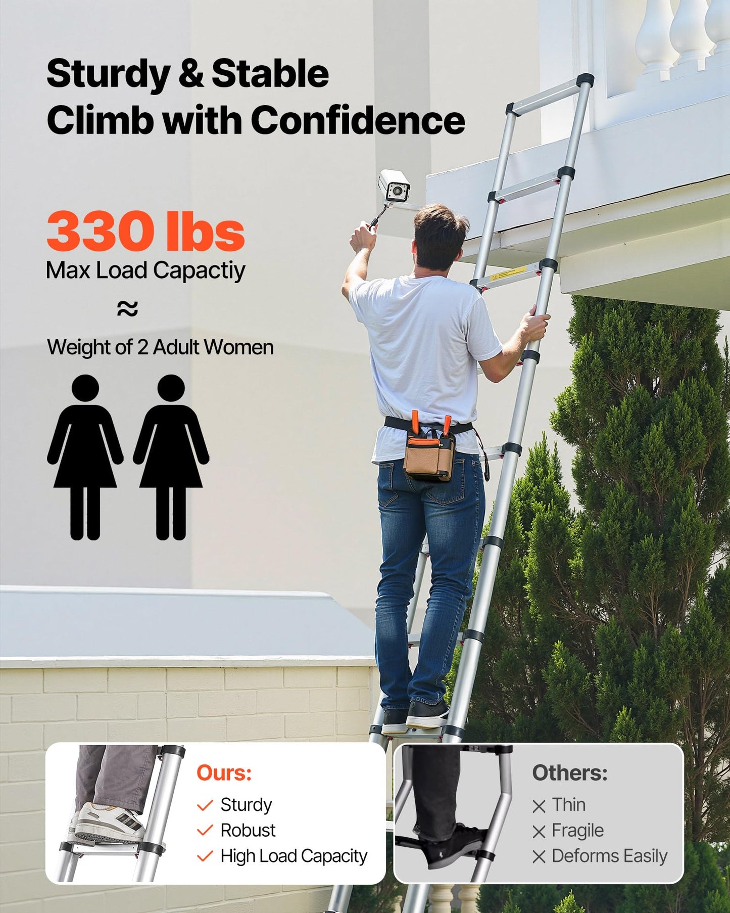 VEVOR 12.5ft Telescoping Ladder, Aluminum Lightweight Multi-Purpose Collapsible Extension, One-Touch Retraction Ladder, Heavy Duty 330LBS Max Capacity with Non-Slip Feet, for Home, Outdoor Work, Loft
