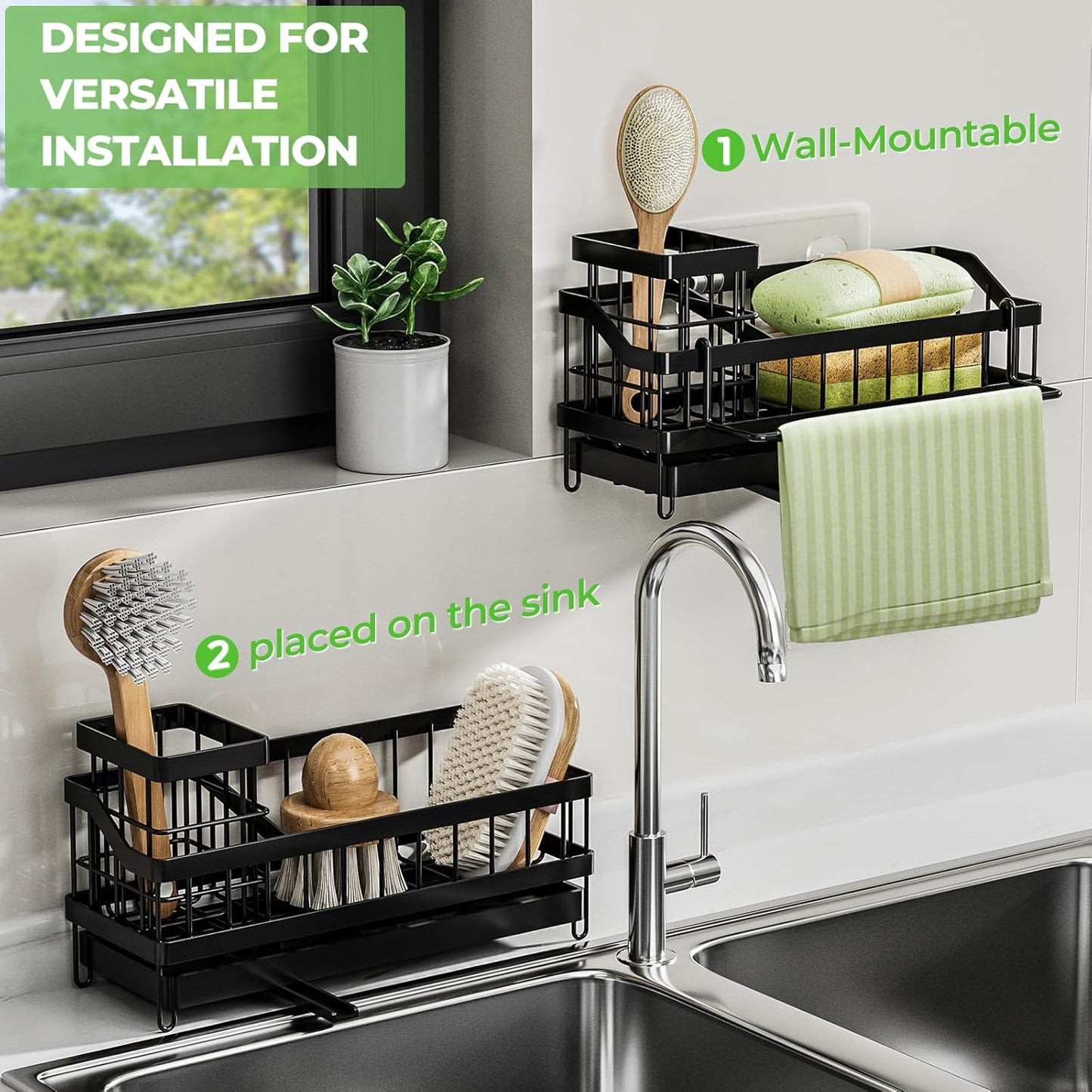 Skiennix Sink Caddy Organizer - Wall-Mounted Sponge Holder & Brush Storage - Rustproof 304 Stainless Steel