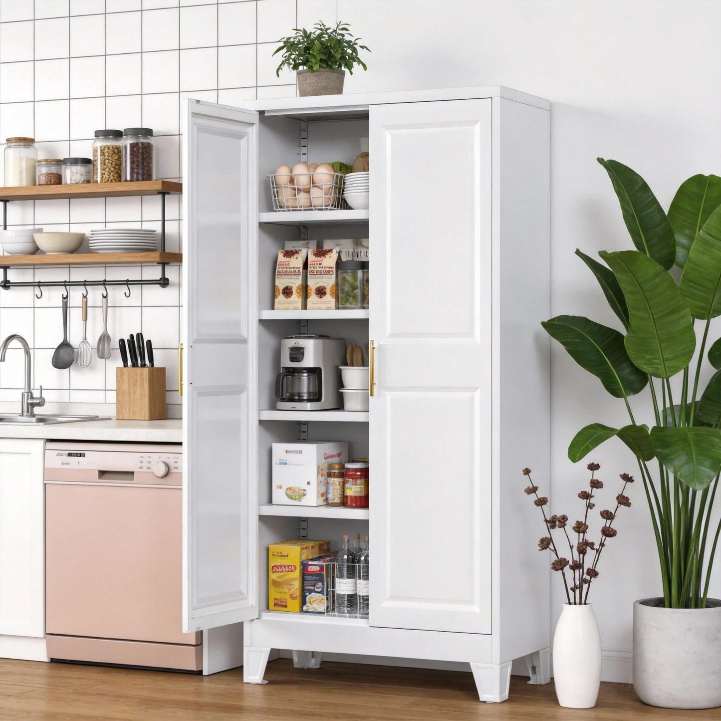 GangMei 61.4" H Metal Kitchen Pantry Cabinet with 4 Adjustable Shelf, White Pantry Cabinet with 2 Doors,Freestanding Food Cabinet for Kitchen,Home,Required Assembly