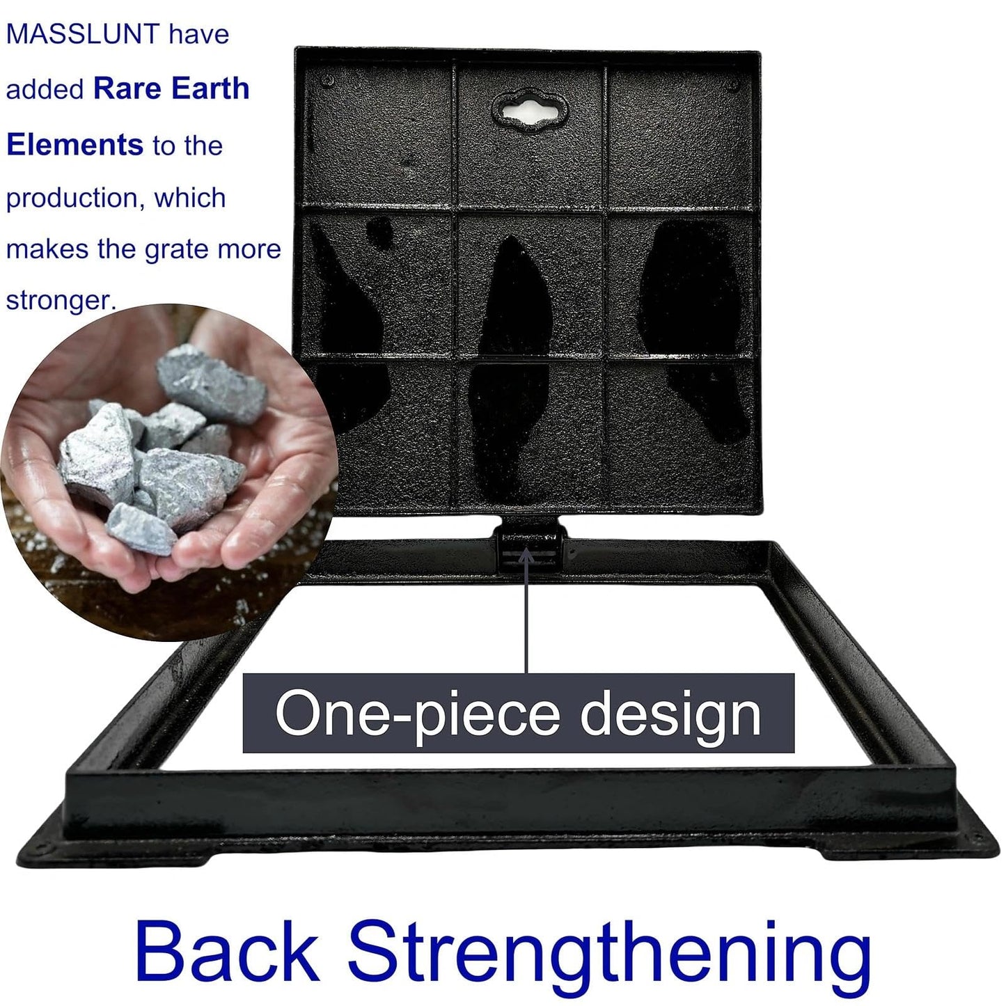 MASSLUNT 16x16 In Cast Iron Manhole Cover and Frame for 15" Corrugated Pipe, B-Class 28100 lbs Heavy-Duty Driveway Septic Tank Lid with Base, Square Anti-Slip Inspection Well Cover (True 15.8" ISL)